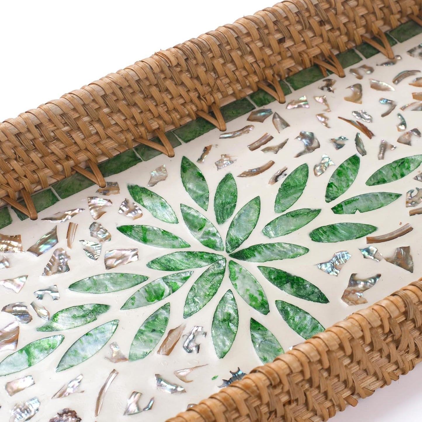 Rattan Bathroom Vanity Tray / Green Leaves / Set of 2