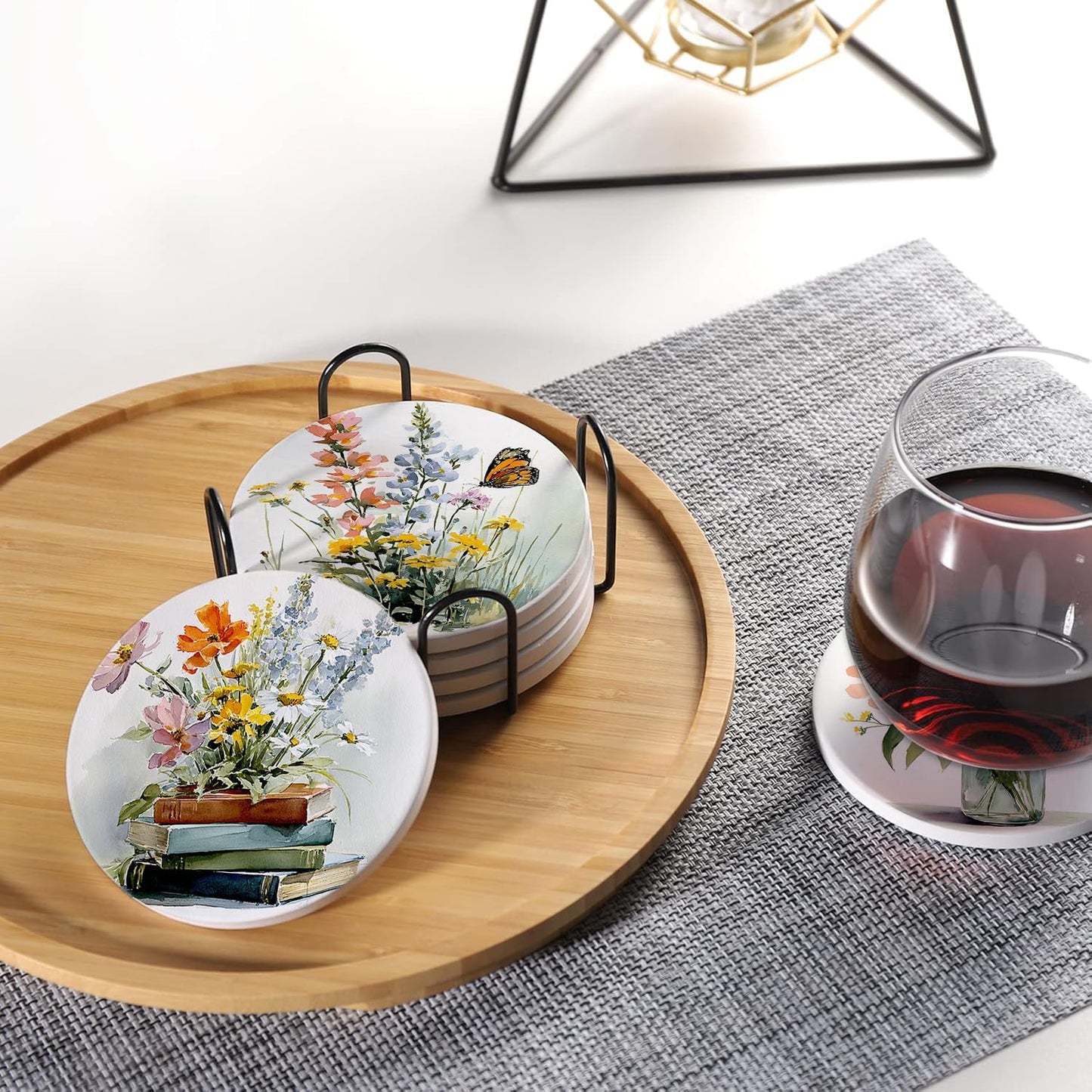 Holder / Spring Drink Absorbent Coasters / Wildflowers / Round / Set of 6