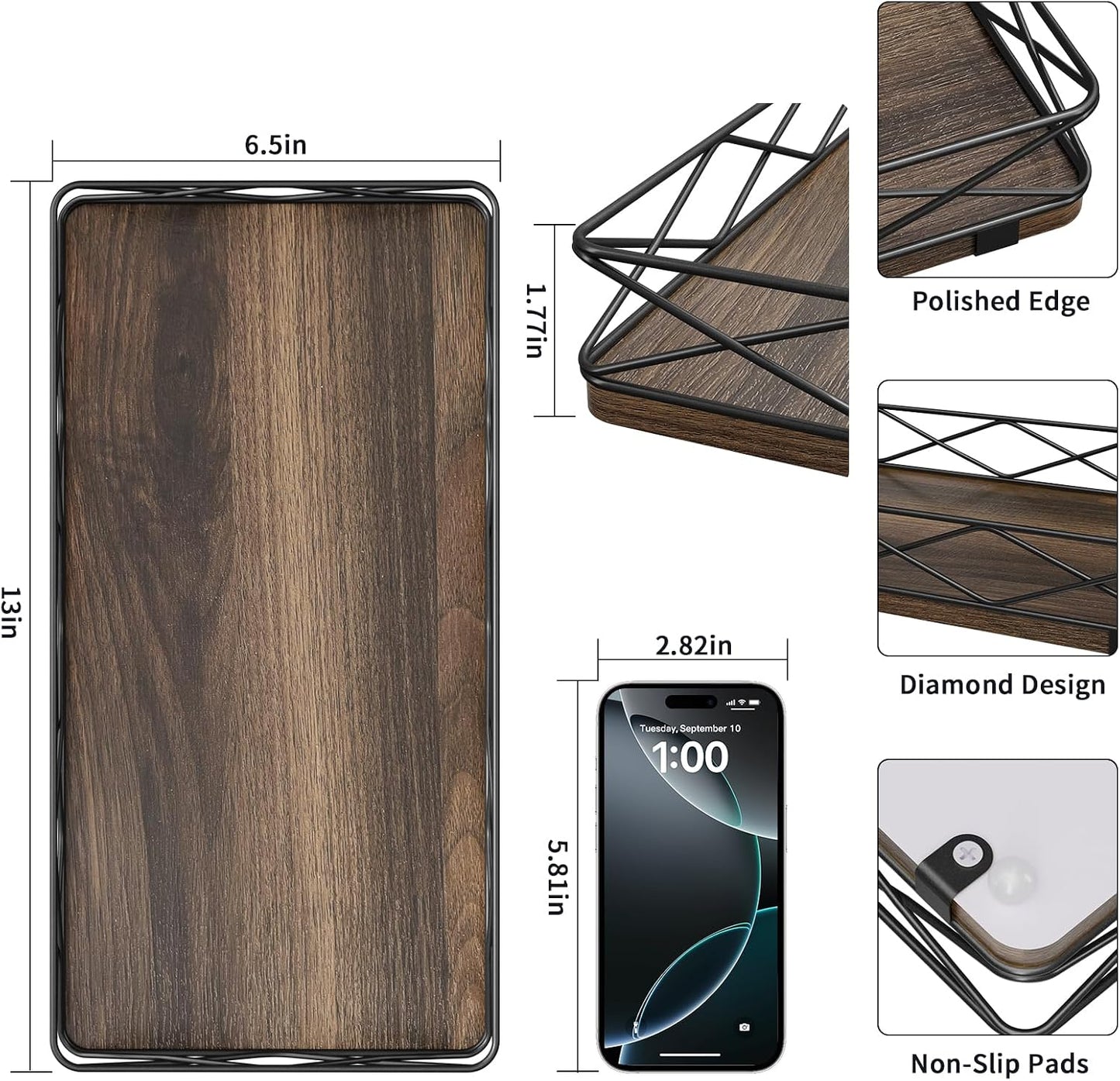 Wood and Metal Toilet Tray Vanity Organizer Bathroom Tray / Brown+black