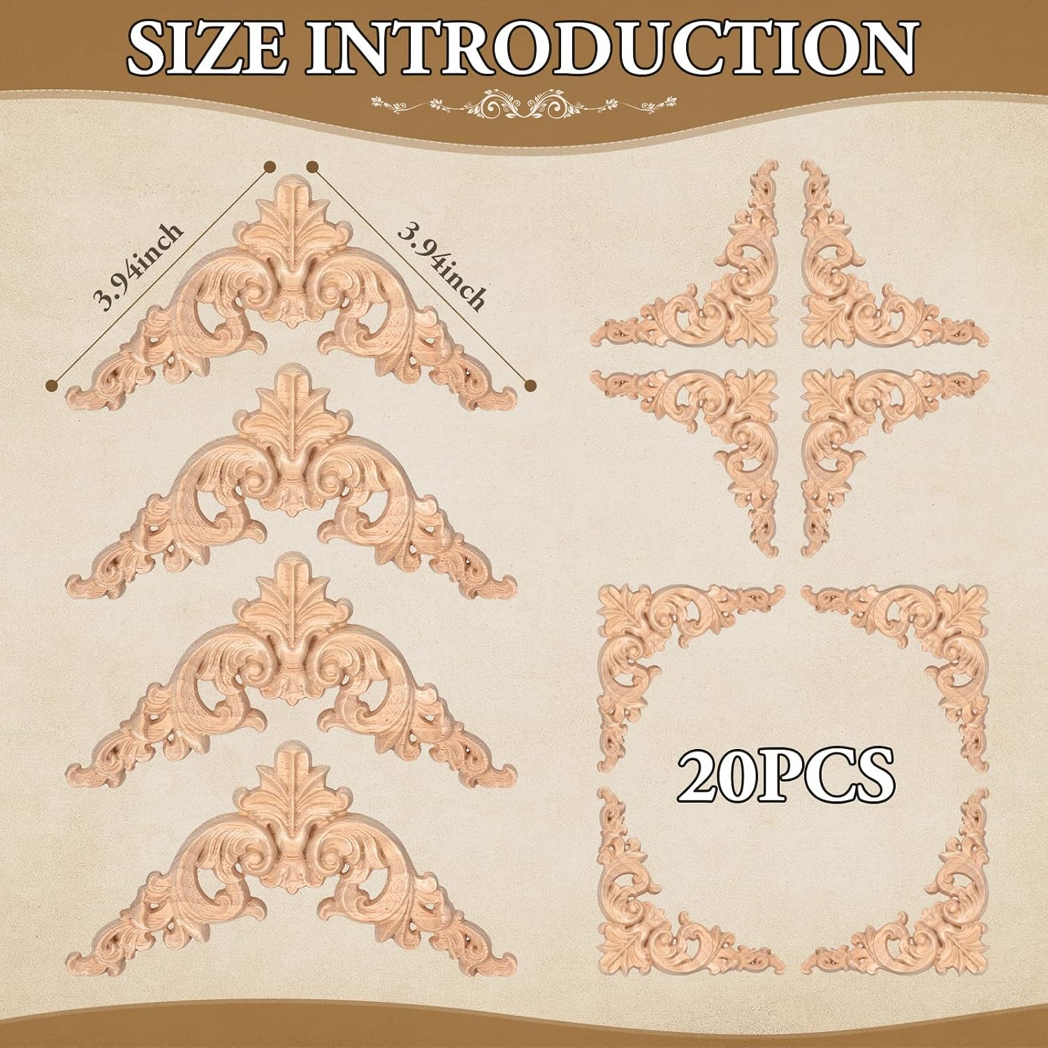 Wood Applique Corner Onlay Decorative Wood Applique DIY Wooden Carved / Delicate Style / Set of 20