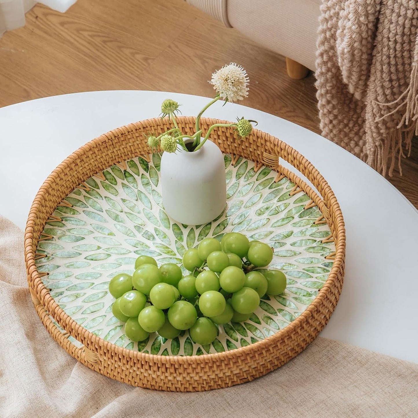 in Round Rattan Serving Tray / Green / 13.8 Inch