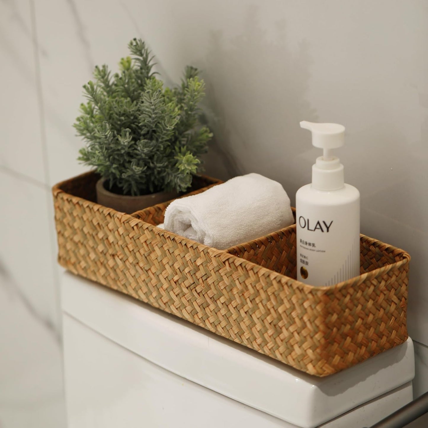 Seagrass Storage Basket 3 Sections Woven Shelf / Natural 3 Sections Without Lid / 14.6 x 4.7 x 3.1