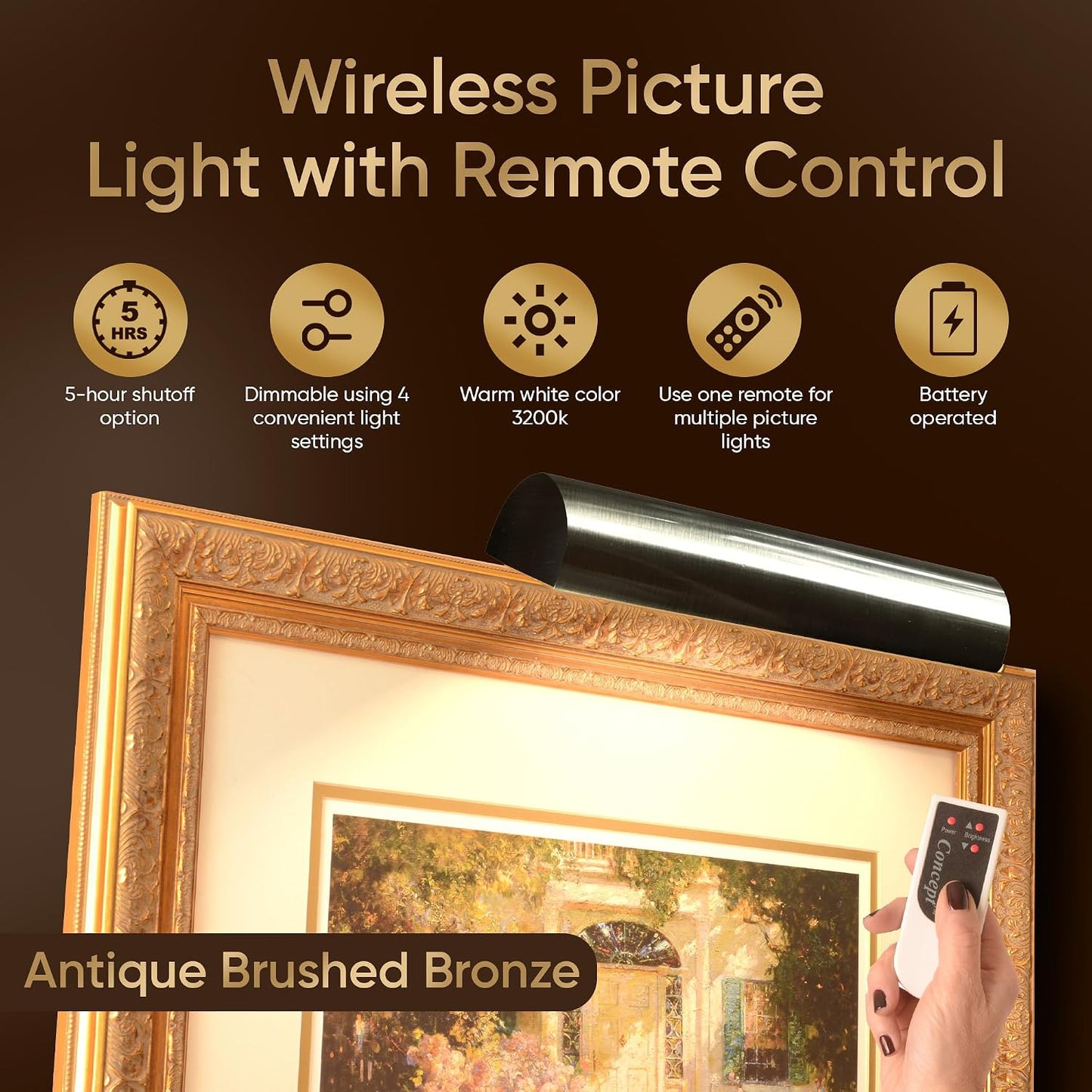 Concept Lighting 102L Cordless Remote Control LED Picture Light- 11 1/2 inch Antique Brass With Silver Undertones