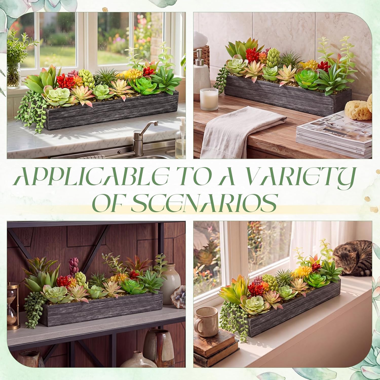 Artificial Succulent Arrangement Faux Succulents Plants in Rectangular / Grey / Grace / 16 Inch