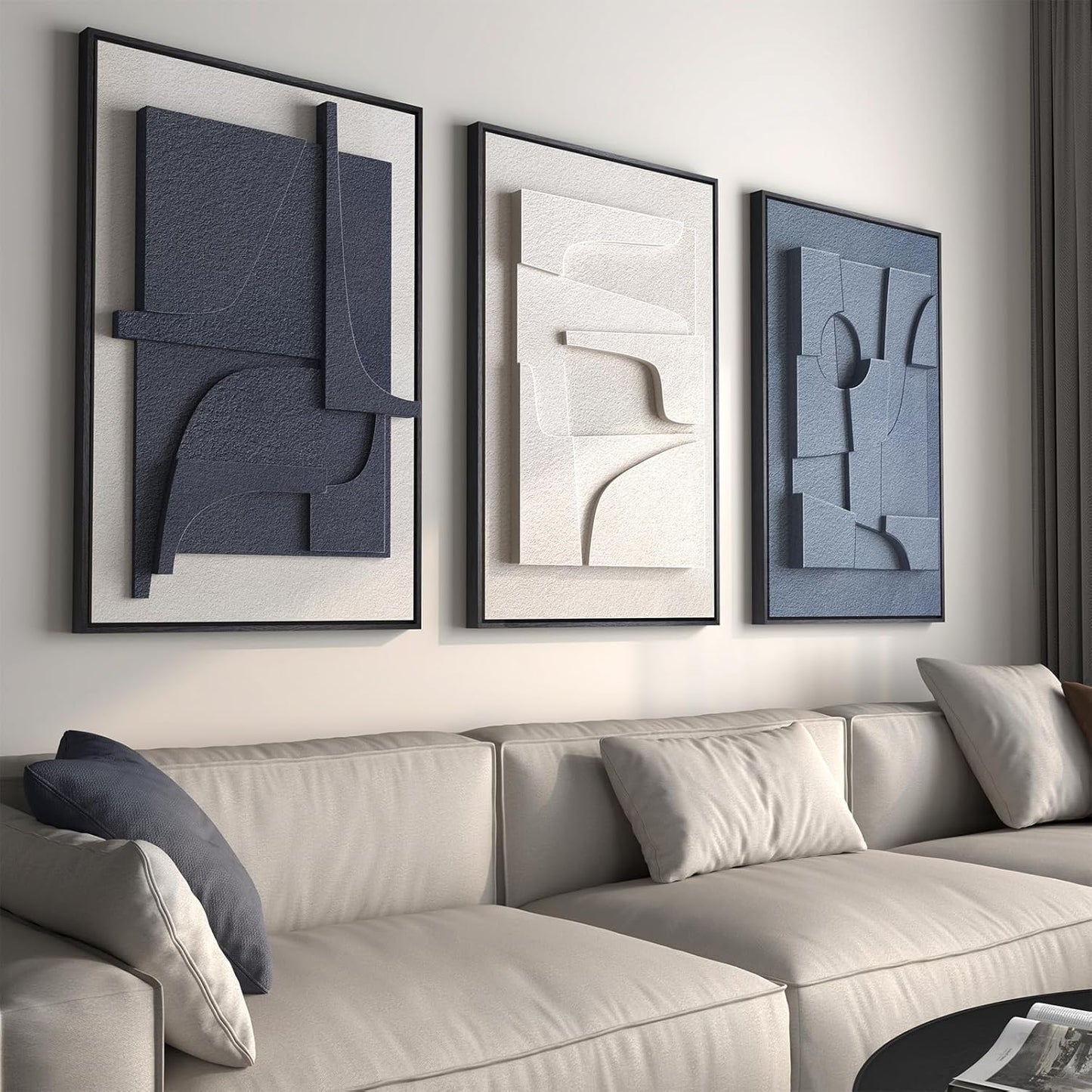 Large 3D Textured Framed Blue White Abstract Wall Art Set, 3 Piece 20x30 In