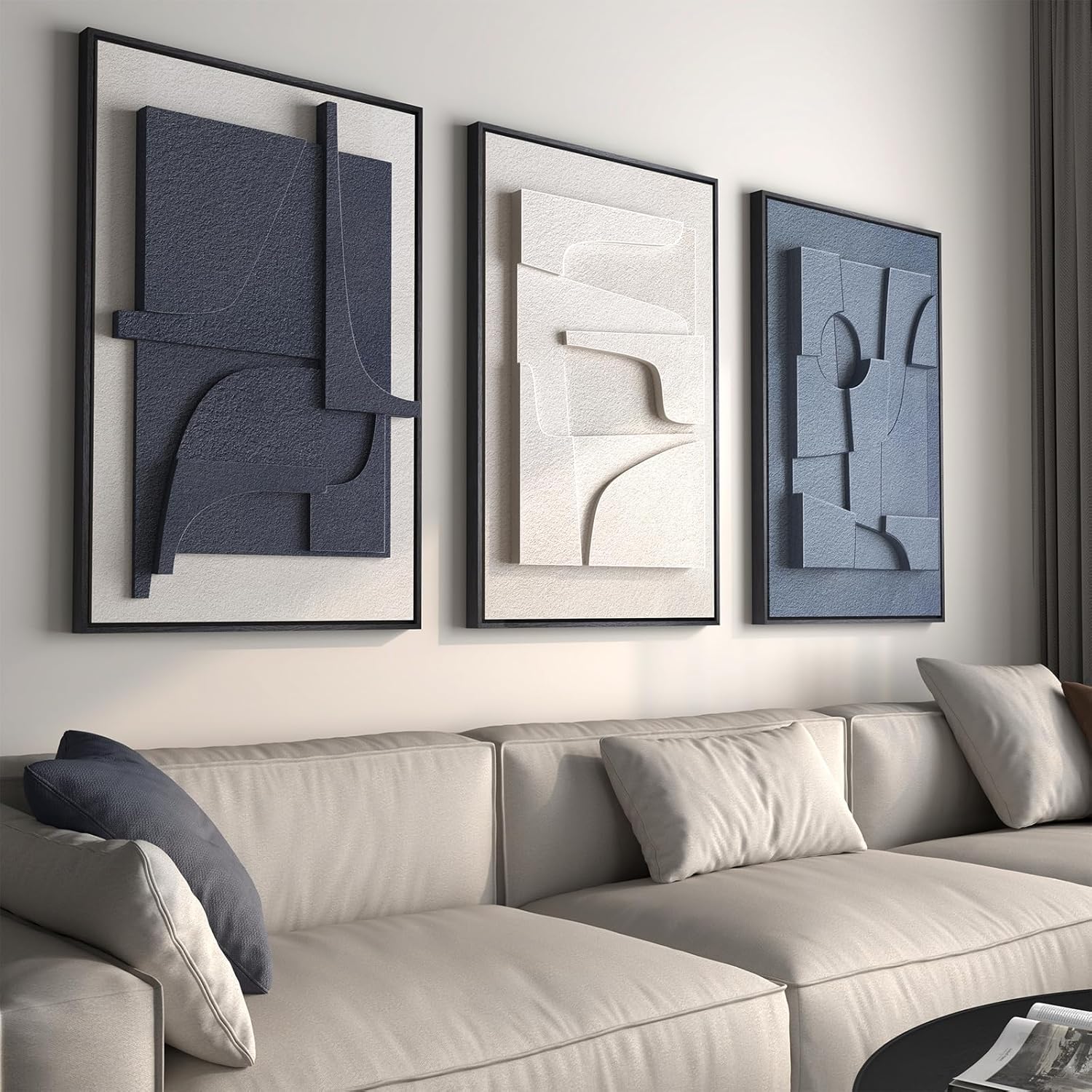 Large 3D Textured Framed Blue White Abstract Wall Art Set, 3 Piece 20x30 In