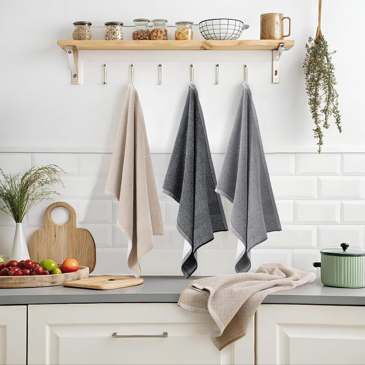 Mordimy Cotton Kitchen Towels (18"x 28", 12 Pack), Grey/Khaki/Black | 100% Ring Spun Cotton, Super Absorbent, 380 GSM