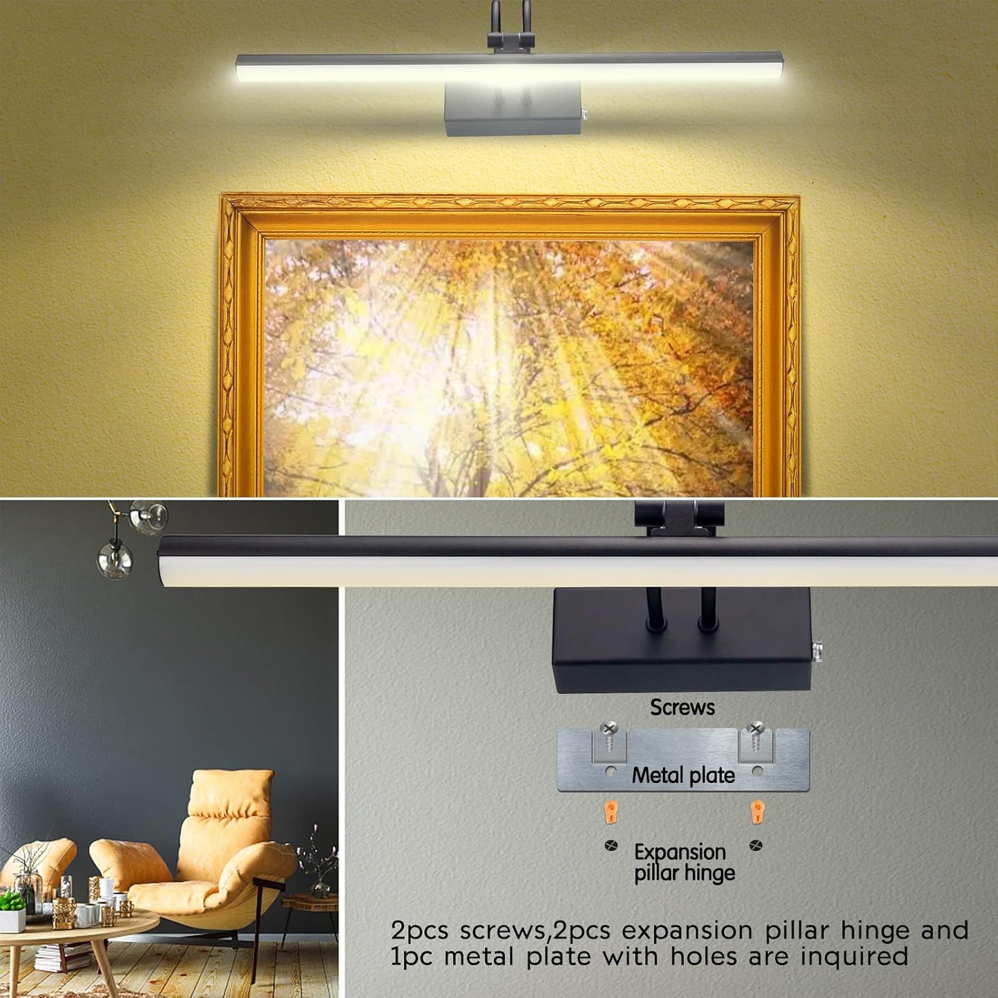 Picture Light for Wall,5000mAh Wireless Wall Light,13" Art Light,Black | Rechargeable Photo Lights,Remote Timer and