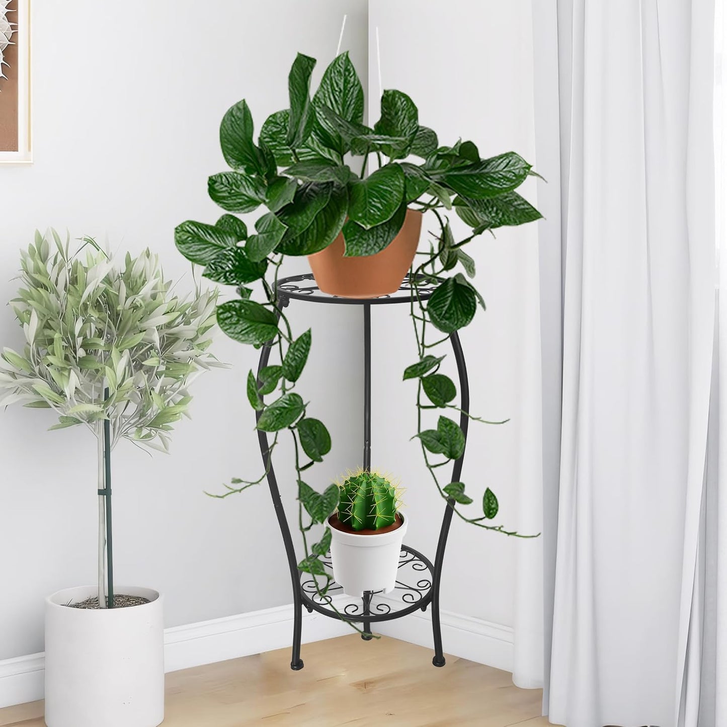 Metal Plant Stand 2 Tier Indoor Outdoor, Tall Flower Pot Shelf Rustproof Stable Corner Stand, 25.2 inch Multiple Plant