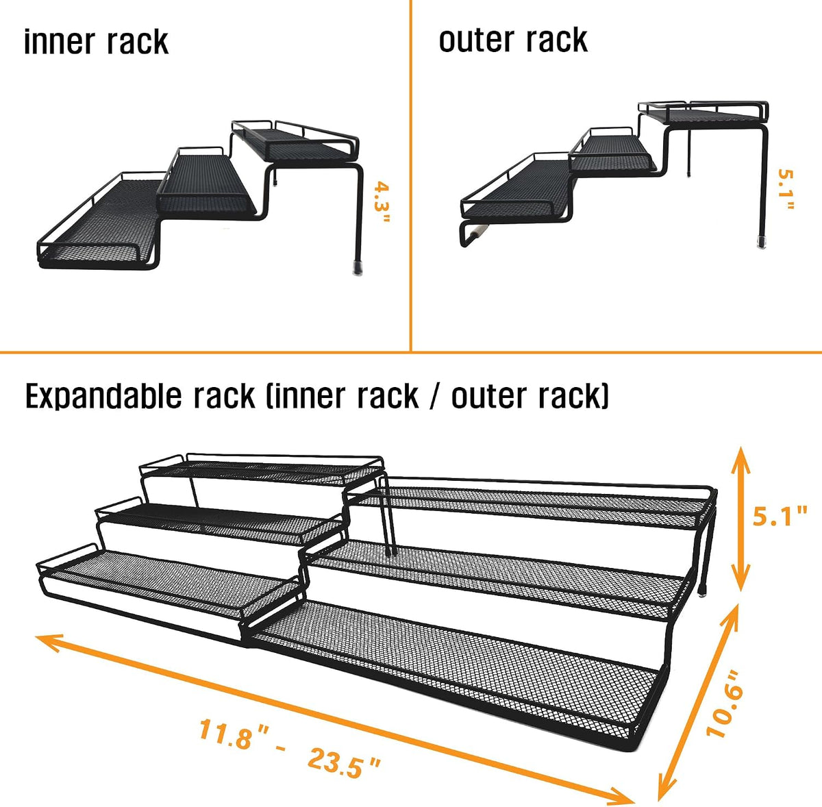 3 Tier Wide Expandable Cabinet Spice Rack Organizer (14.5" to 29.1") - Step Shelf with Protection Railing, Black,Copper