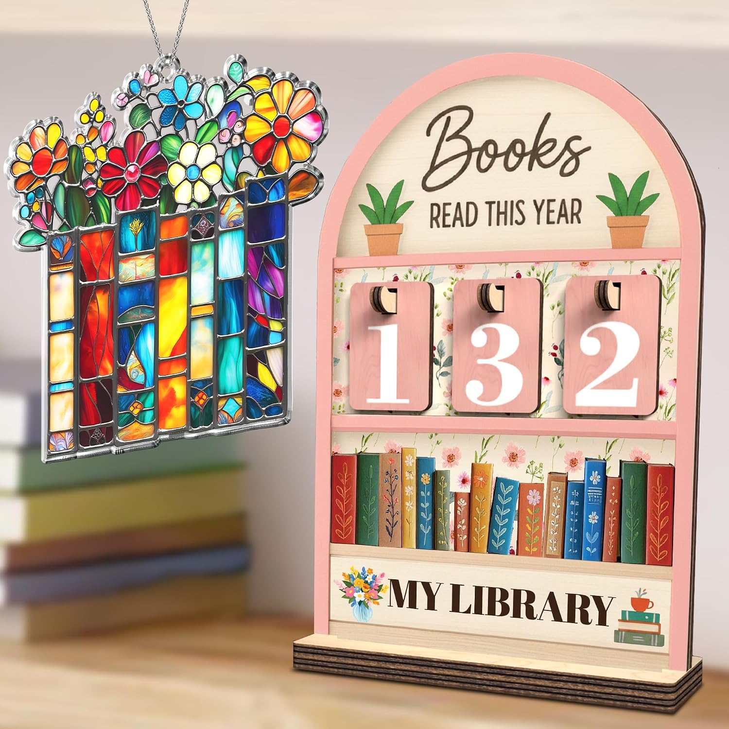 Book Lover / Book Suncatcher Ornament / Book Tracker 2 / Pink