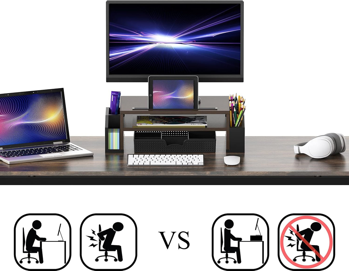 Simple Houseware Desk Monitor Stand Riser w/ Adjustable Tray, Espresso | Built-In Tablet Slot and Side Storage