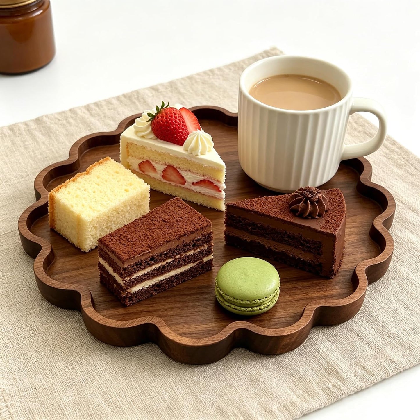 Decorative Serving Tray Wood Scalloped Serving Tray Round Wooden Display Plate / 12.6 Inch