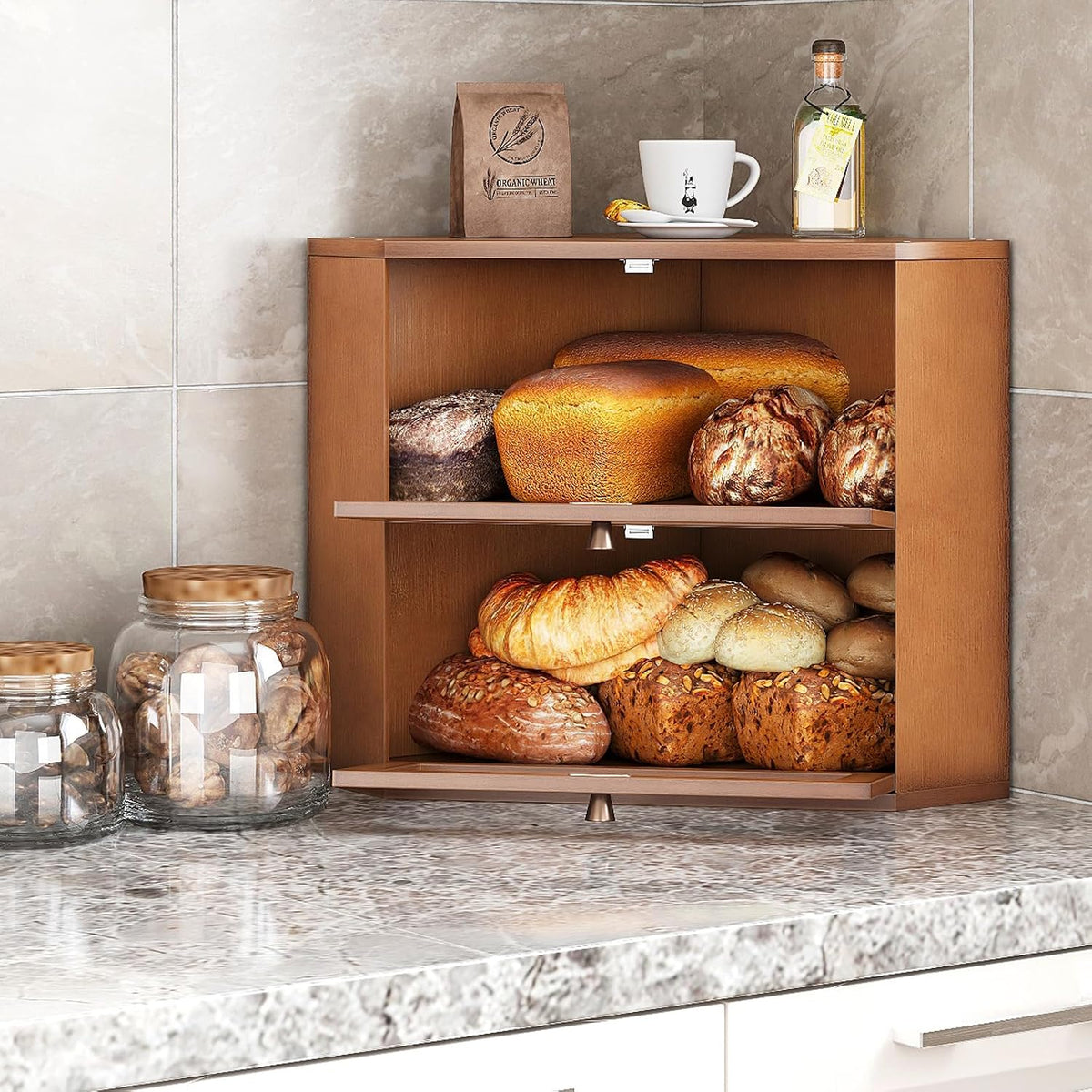 Trironsun Corner Bamboo Bread Box for Kitchen Counter Double Layer Bread Storage Container Large Capacity Bread Storage