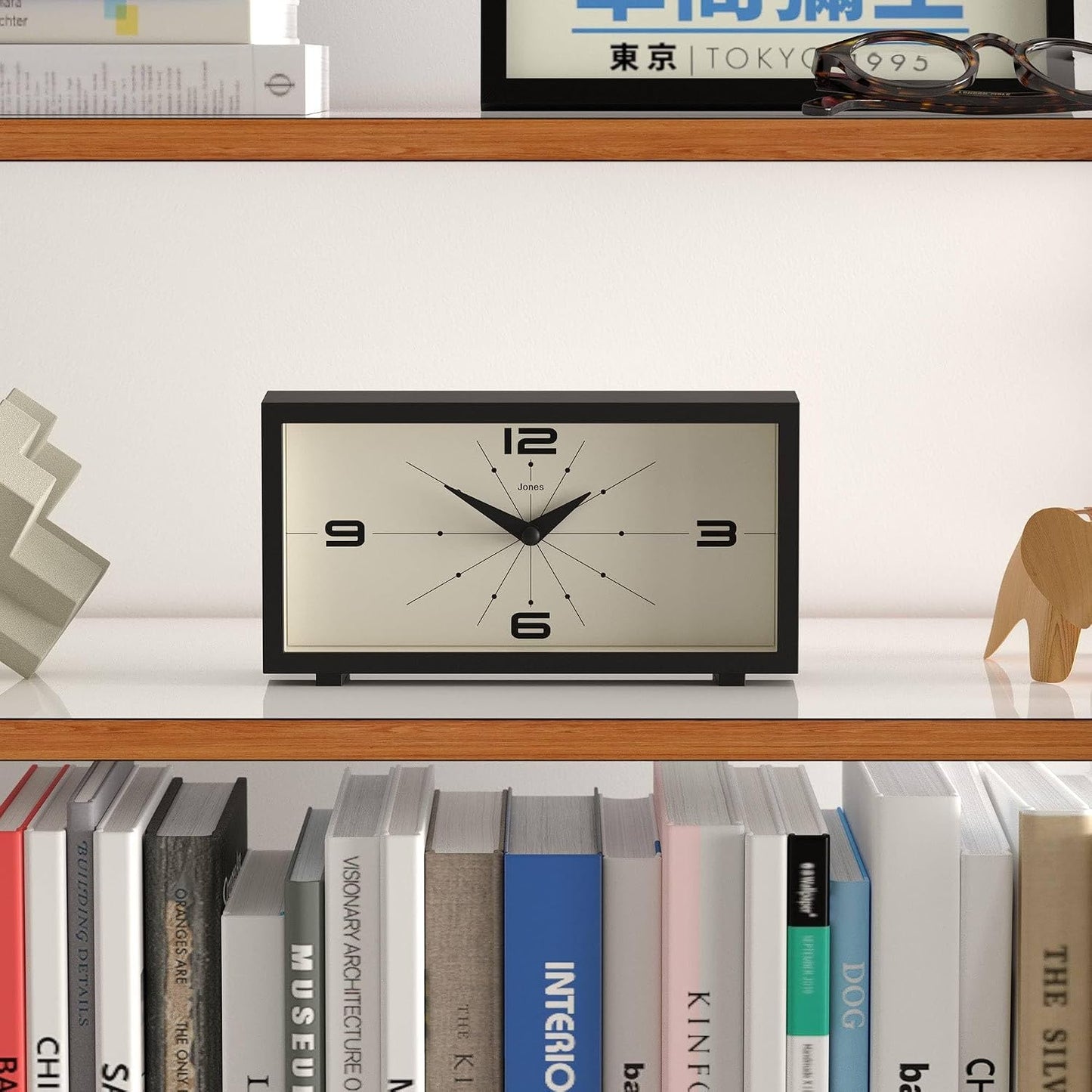 JONES CLOCKS® Odeon Desk Clock | Modern Rectangular Design | Black | Stylish Retro Look for Shelf, Table, Mantel or