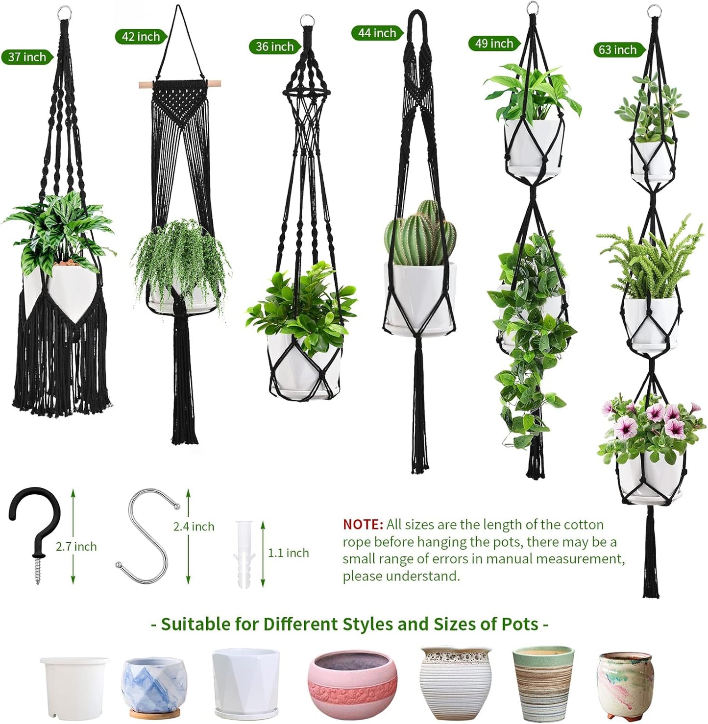 Macrame Plant Hangers / Black / Set of 6