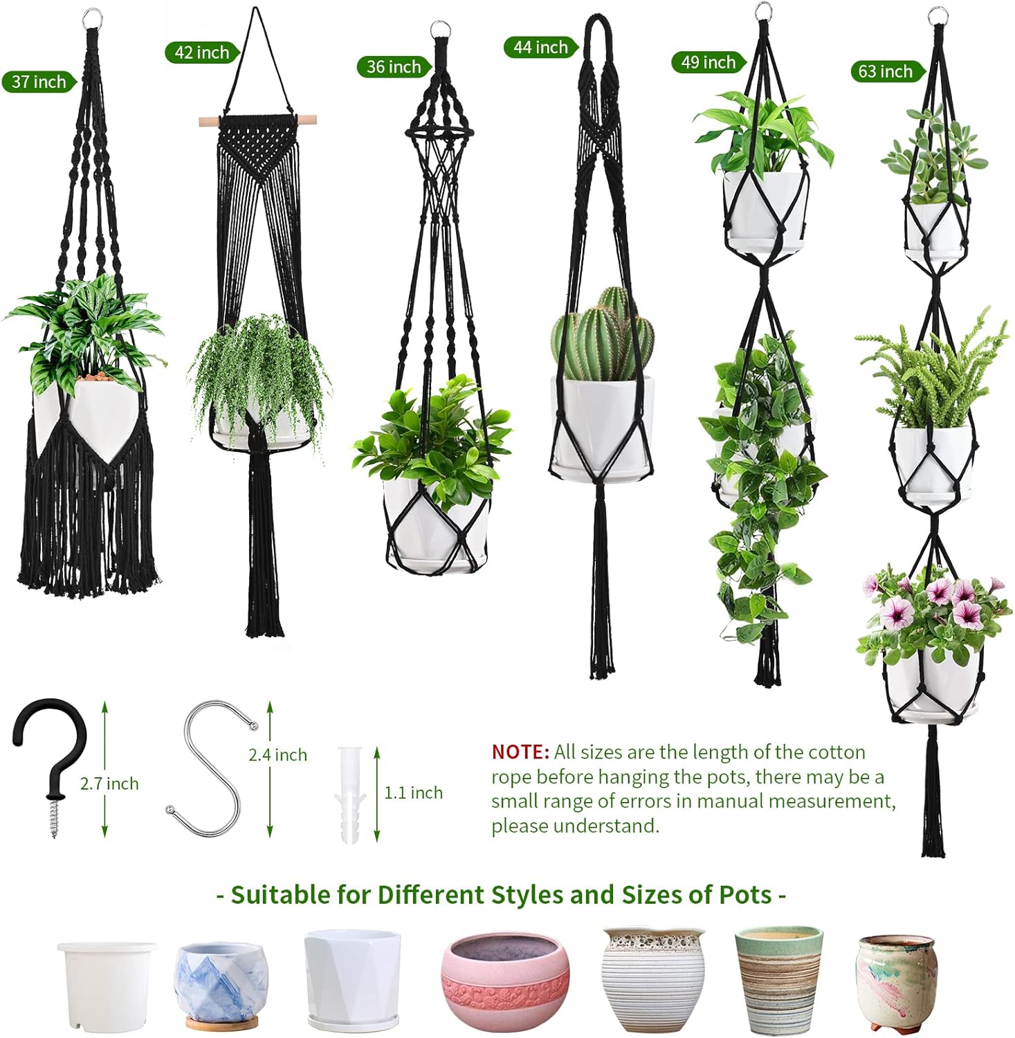 Macrame Plant Hangers / Black / Set of 6