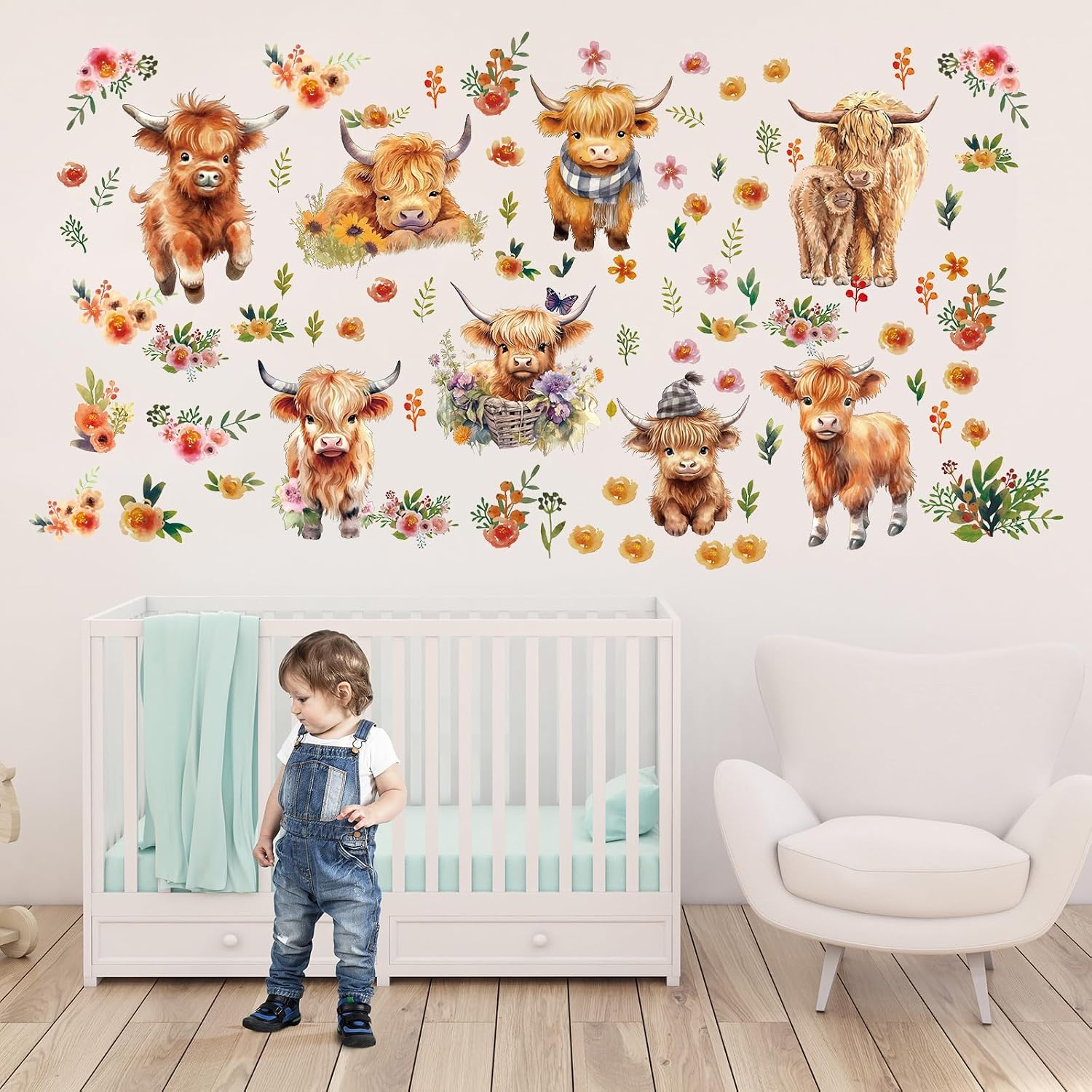 12 Sheet Highland Cow Wall Decals Baby Wall Stickers Highland Cow Sticker for Kids Baby / Set of 78
