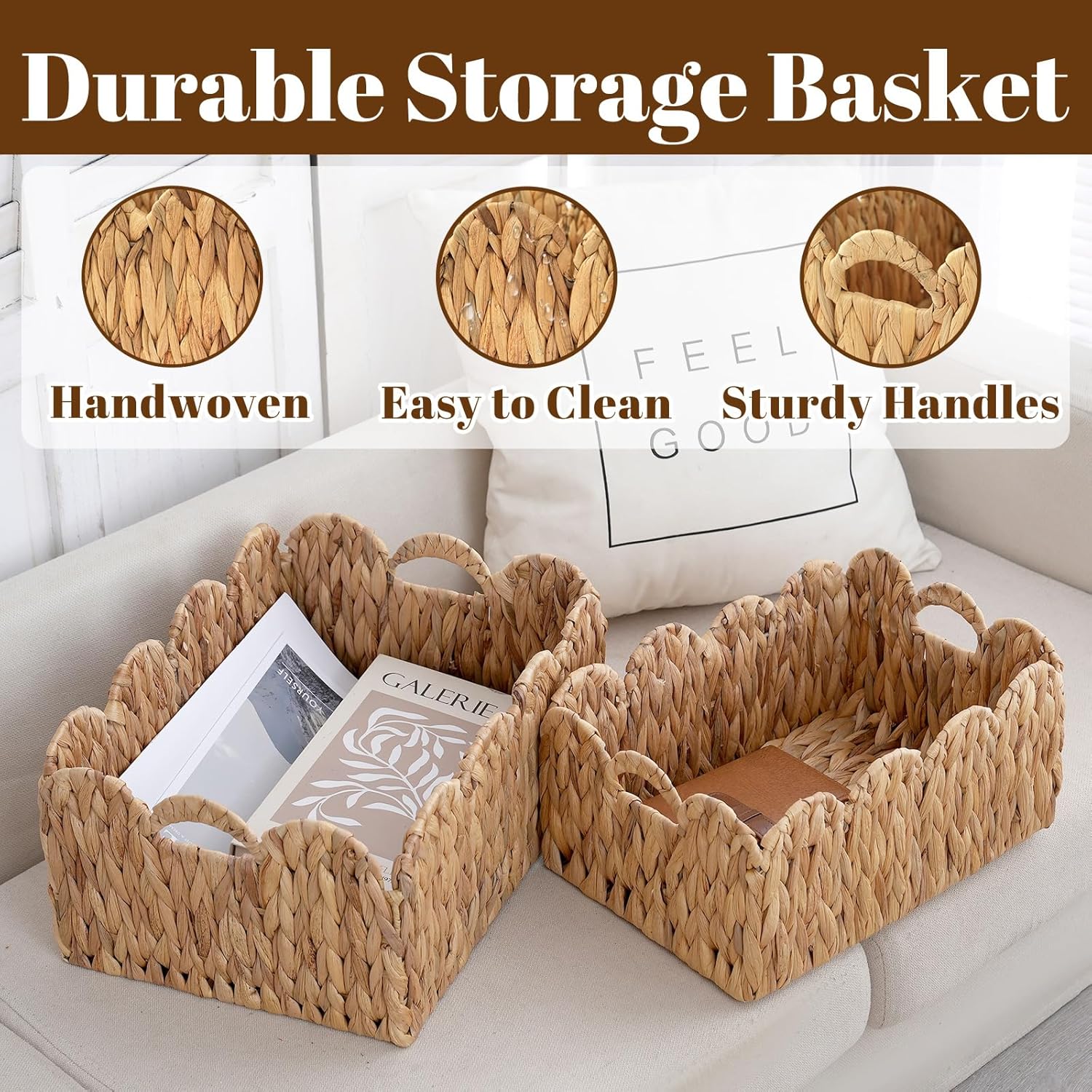 Wicker Baskets / Large &Small Woven Storage Basket / 2PC / Wave / 15 Inch / Set of 2