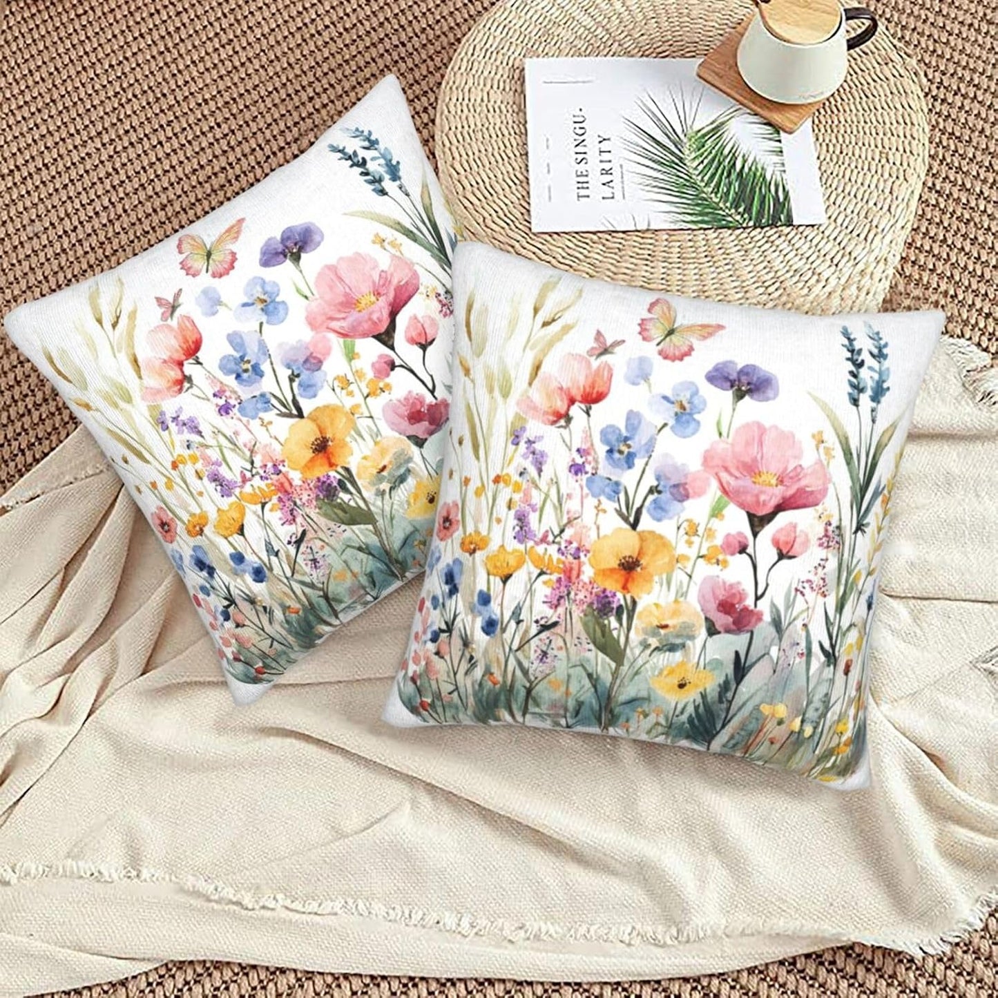 Throw Pillow Covers Pillow Cases Decoration Cushion Cover / Flowers Butterfly / 18 x 18 / Set of 2