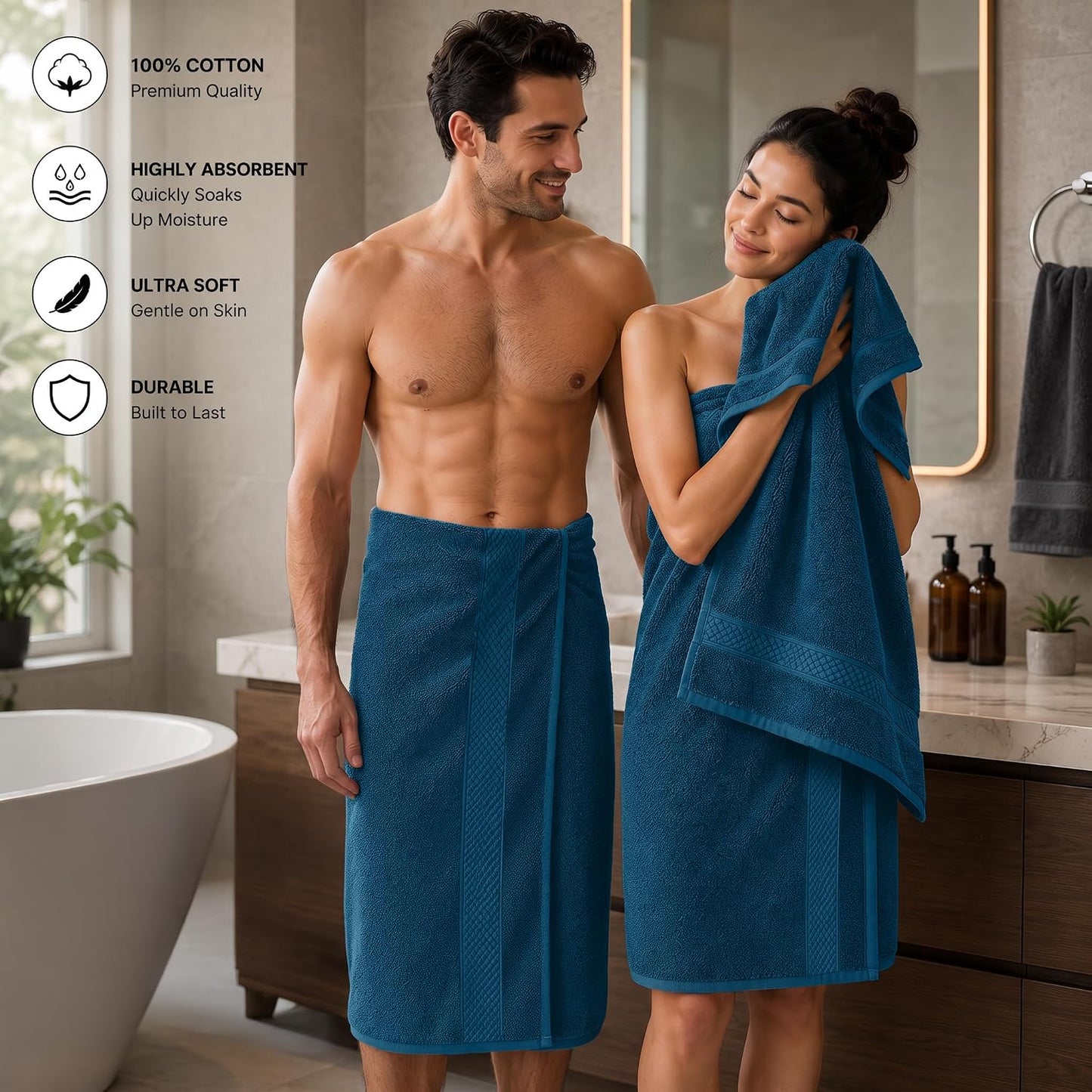 DAN RIVER 600 GSM Cotton Large Bath Towels Set of 4, 27 x 54 Inches, Blue | Larger & Lighter Weight Towels for Bathroom