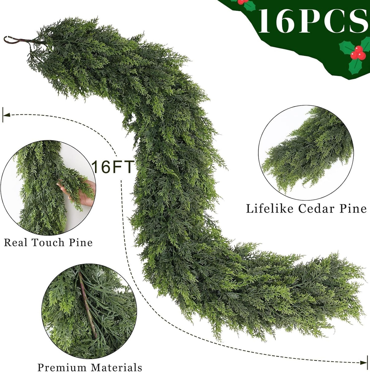 1PCS 16FT Lifelike Touch Fake Cedar Garland for Railing Christmas Decor | Thick and Lush, Realistic Artificial Cedar