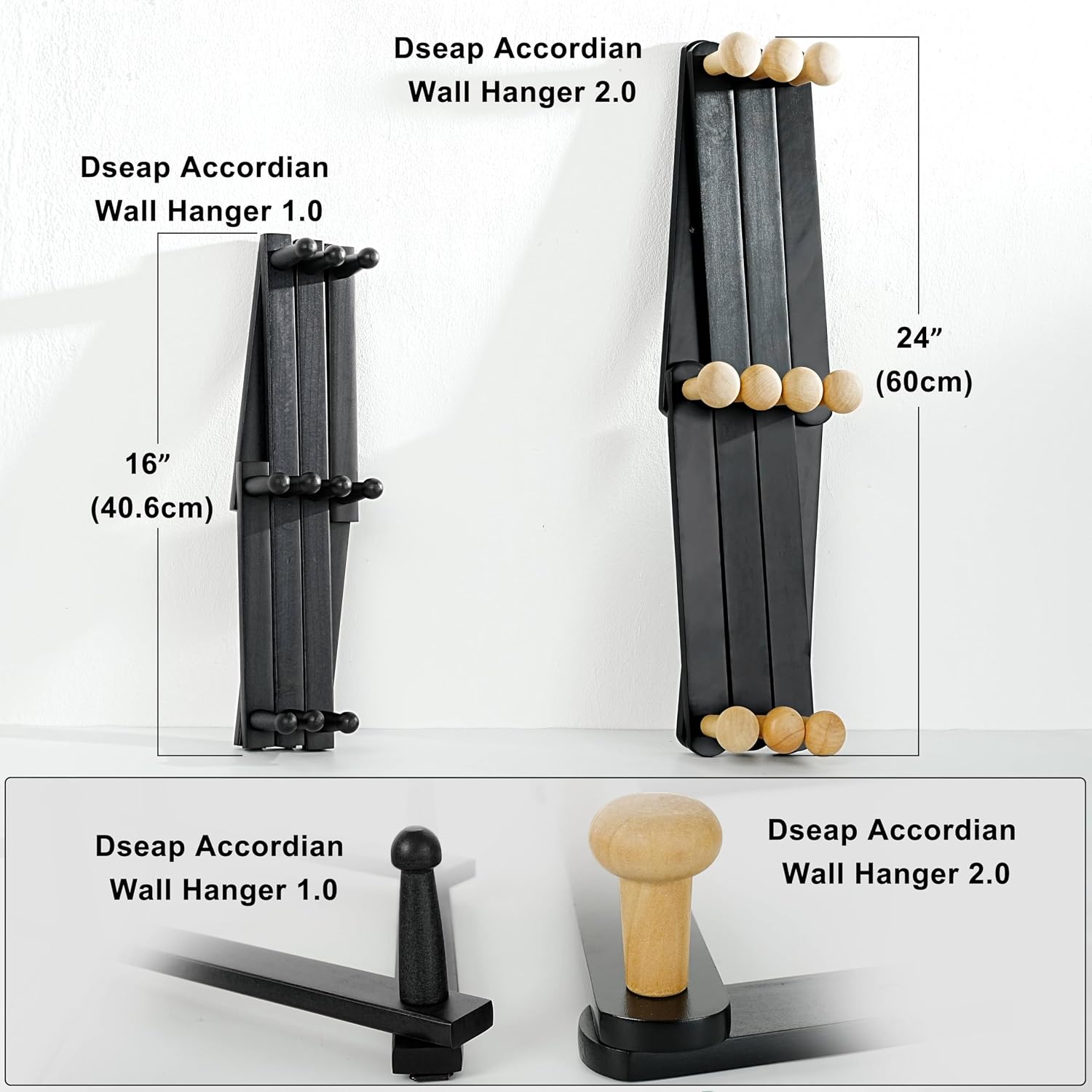 Expandable Coat Rack (Larger Version) - 24” High, Anti-Slip, Ultra Heavy Duty Wooden Accordian Wall Hanger with 10