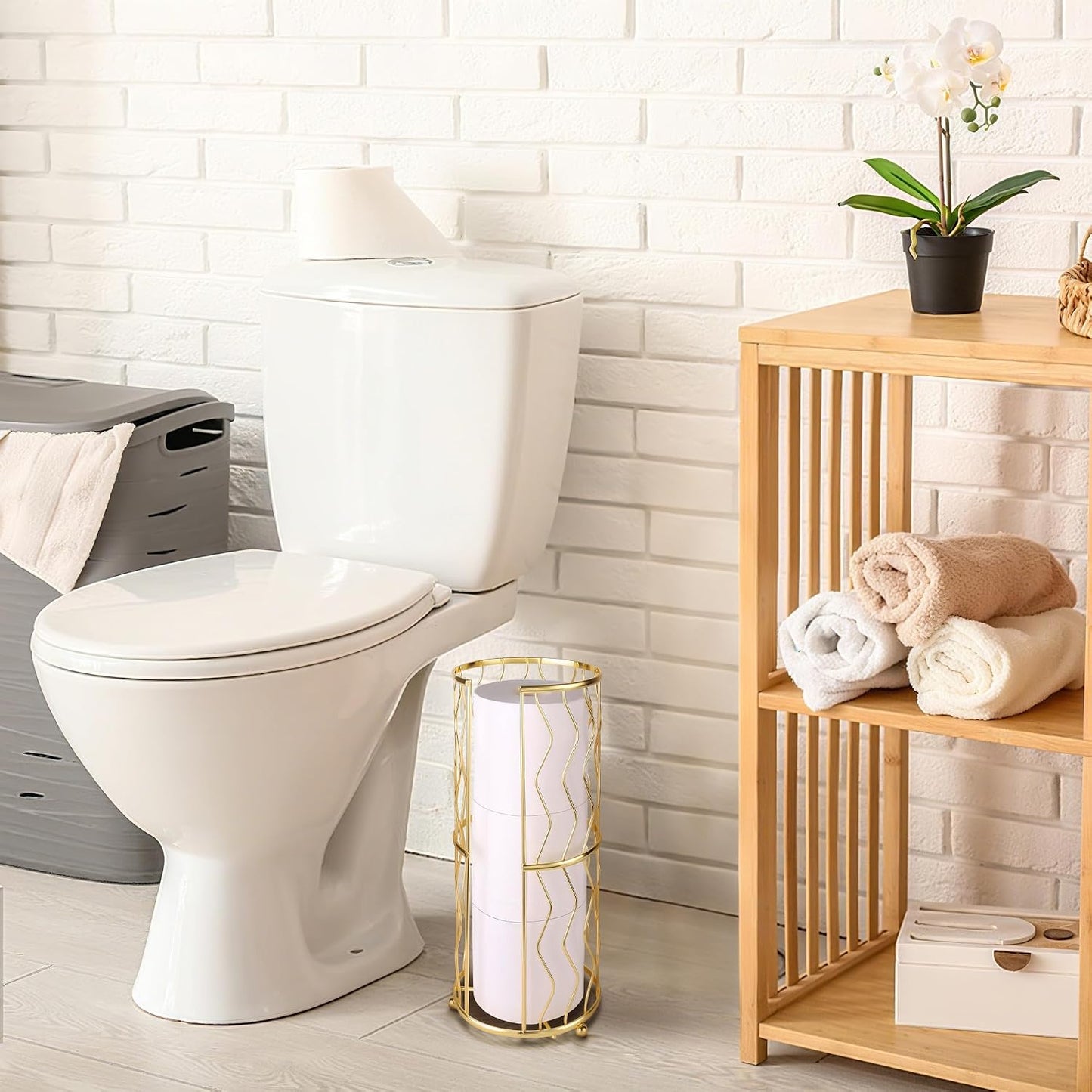 Decorative Metal Standing Toilet Tissue Holder for Bathroom/Powder Room, Compact Tissue Reserve for 3 Rolls of Toilet