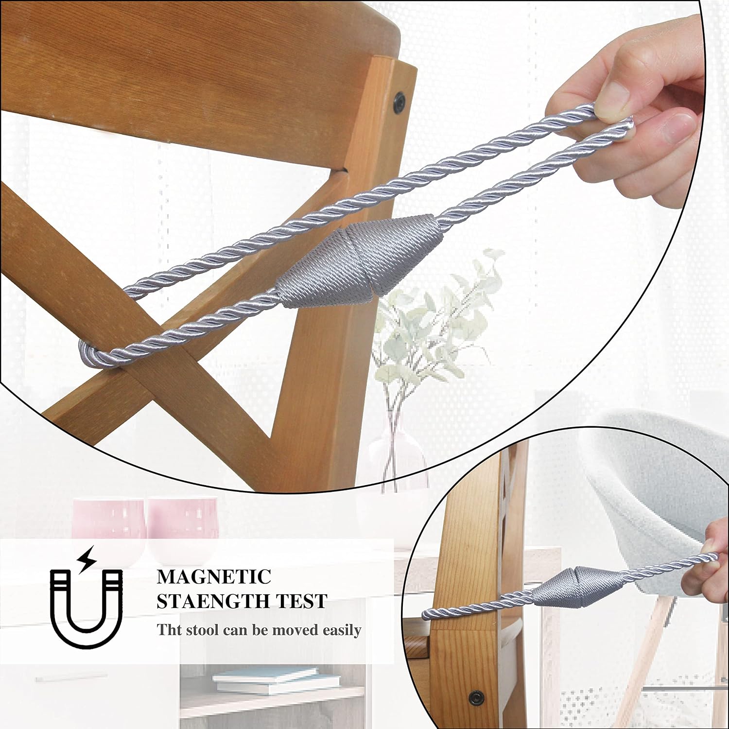 Magnetic Curtain Tiebacks Rope Decorative Holdbacks for Drapes Nieffeiy | 6 Pack Grey Modern Handmade Curtain Tie Backs