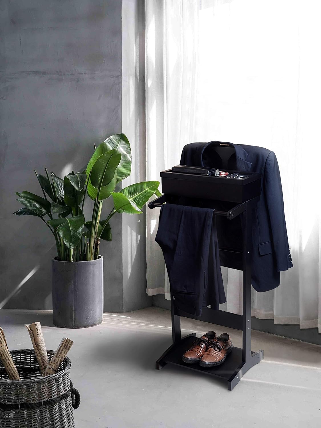 GLSCASA Black Wooden Valet Stand With Small Storage Compartments for Men