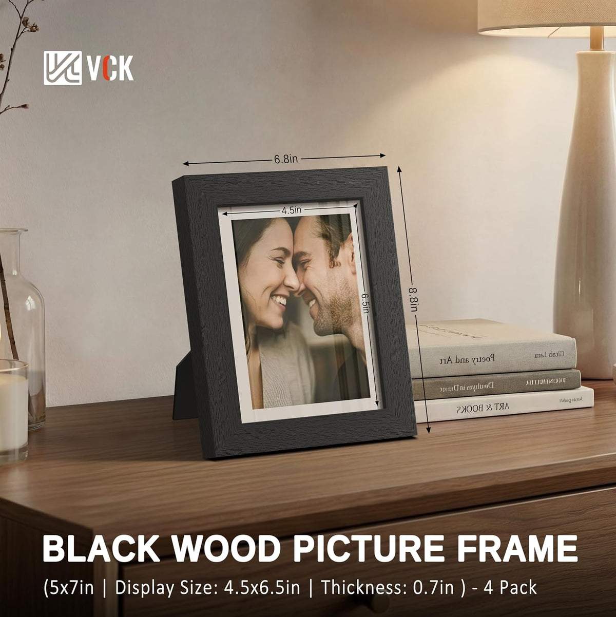 VCK 5x7 Picture Frame Black 4 Pack, Wide Thick Wood Border, for Photos | Exclusive Woodgrain, Wall/Tabletop, HD