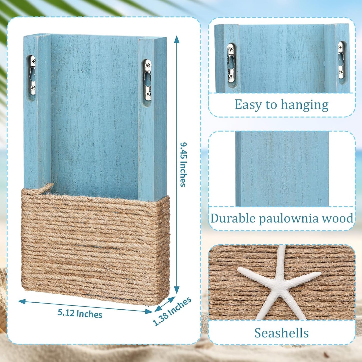 Beach Rustic Wood Wall Planter Vase Beach Room Decor Nautical Coastal / Seashell / Blue / Set of 2