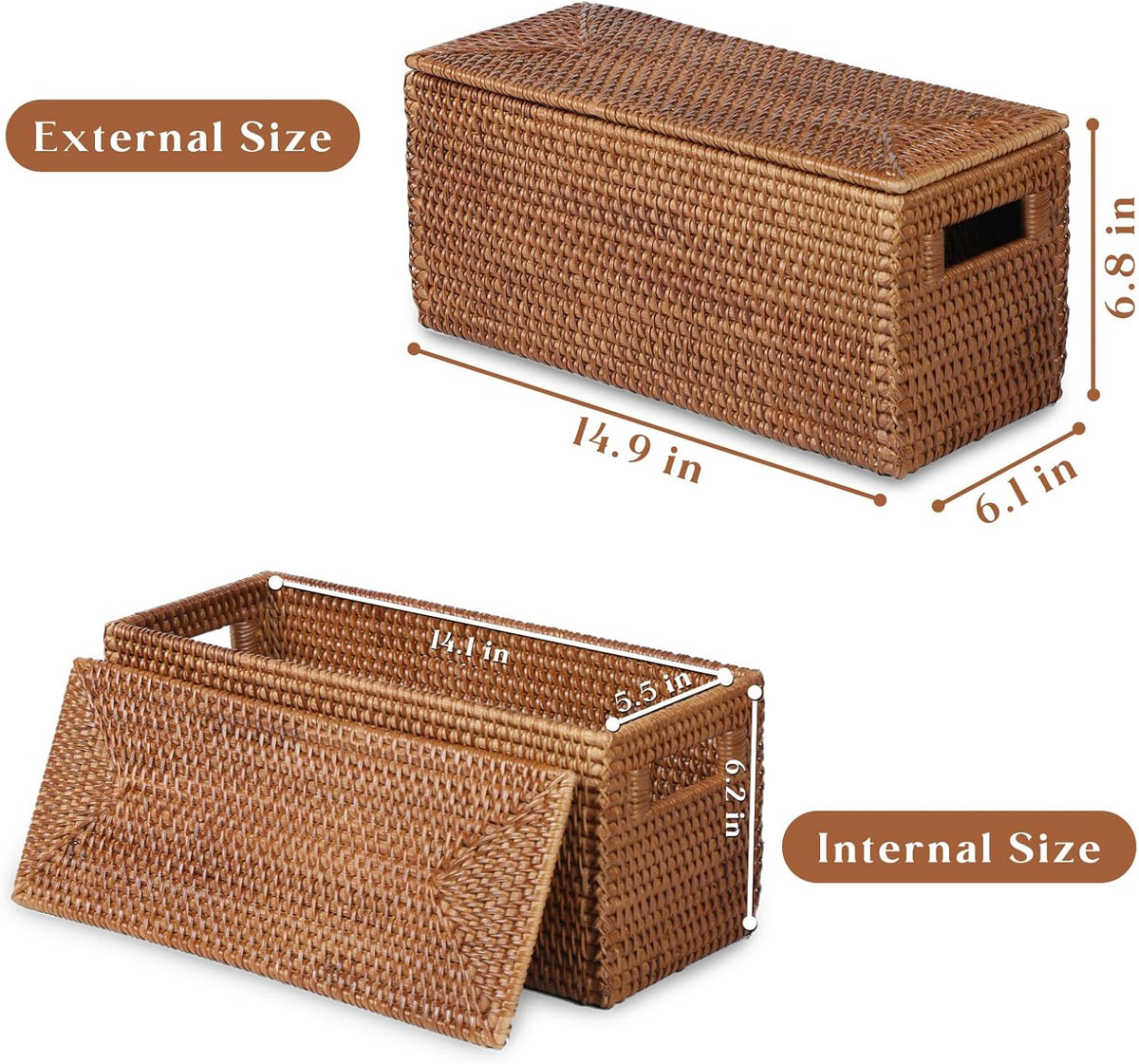 YANGQIHOME Toilet Paper Basket, Rattan Toilet Tank Basket for Bathroom, Wicker Baskets with Lid for Storage, Brown