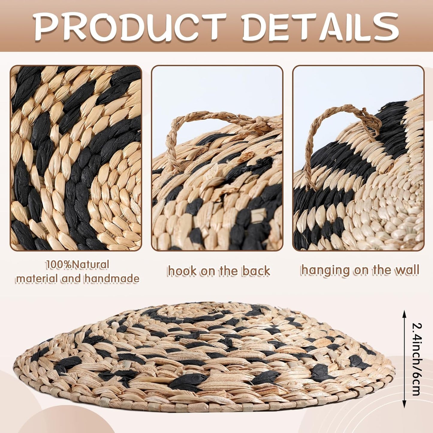 Boho Wall Basket Decor Hanging Handcrafted Seagrass Woven Round Bohemian Basket / Classic / Set of 7