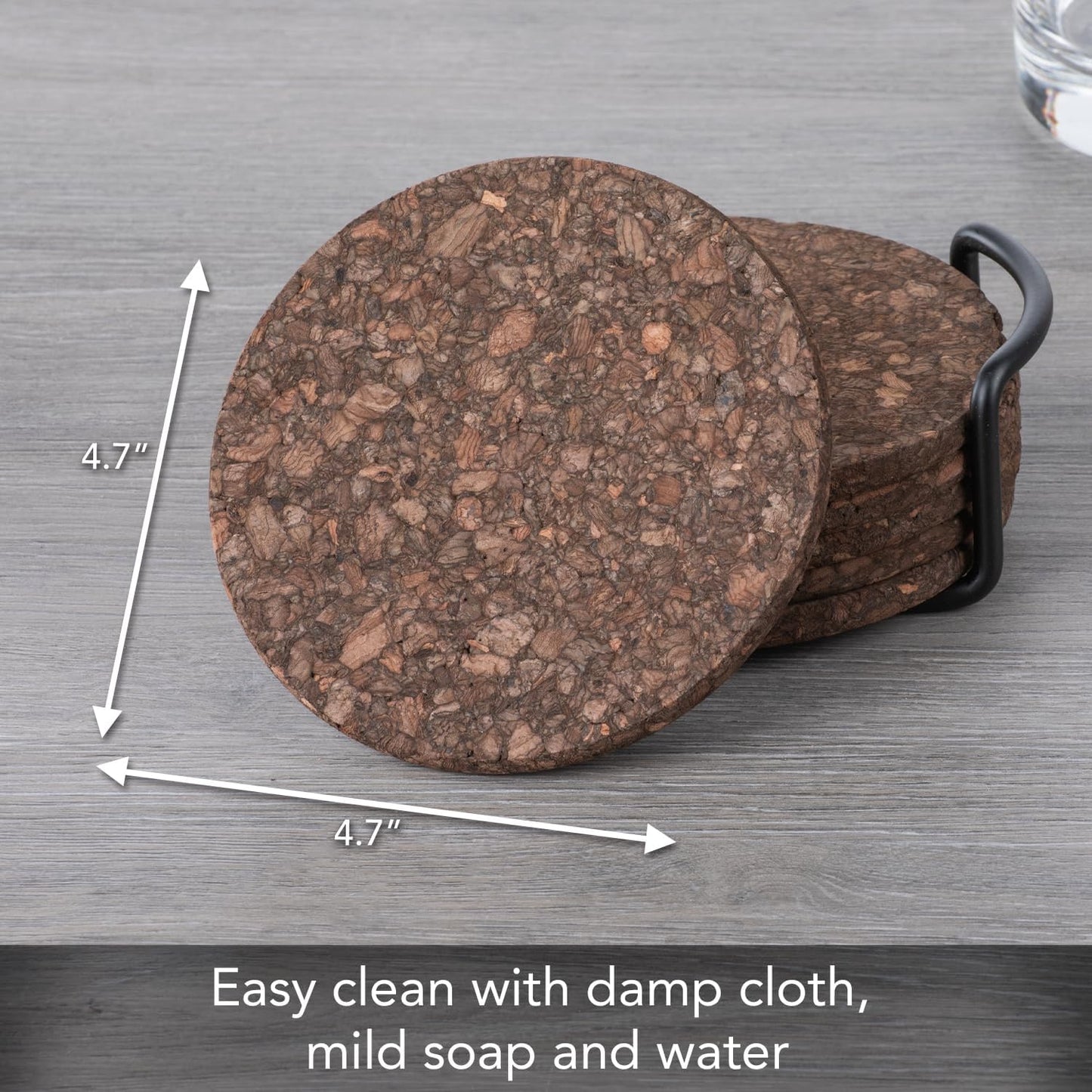 Thick Dark Cork Coasters in Attractive Coaster Holder 4.7" Round Durable / Black / Set of 6