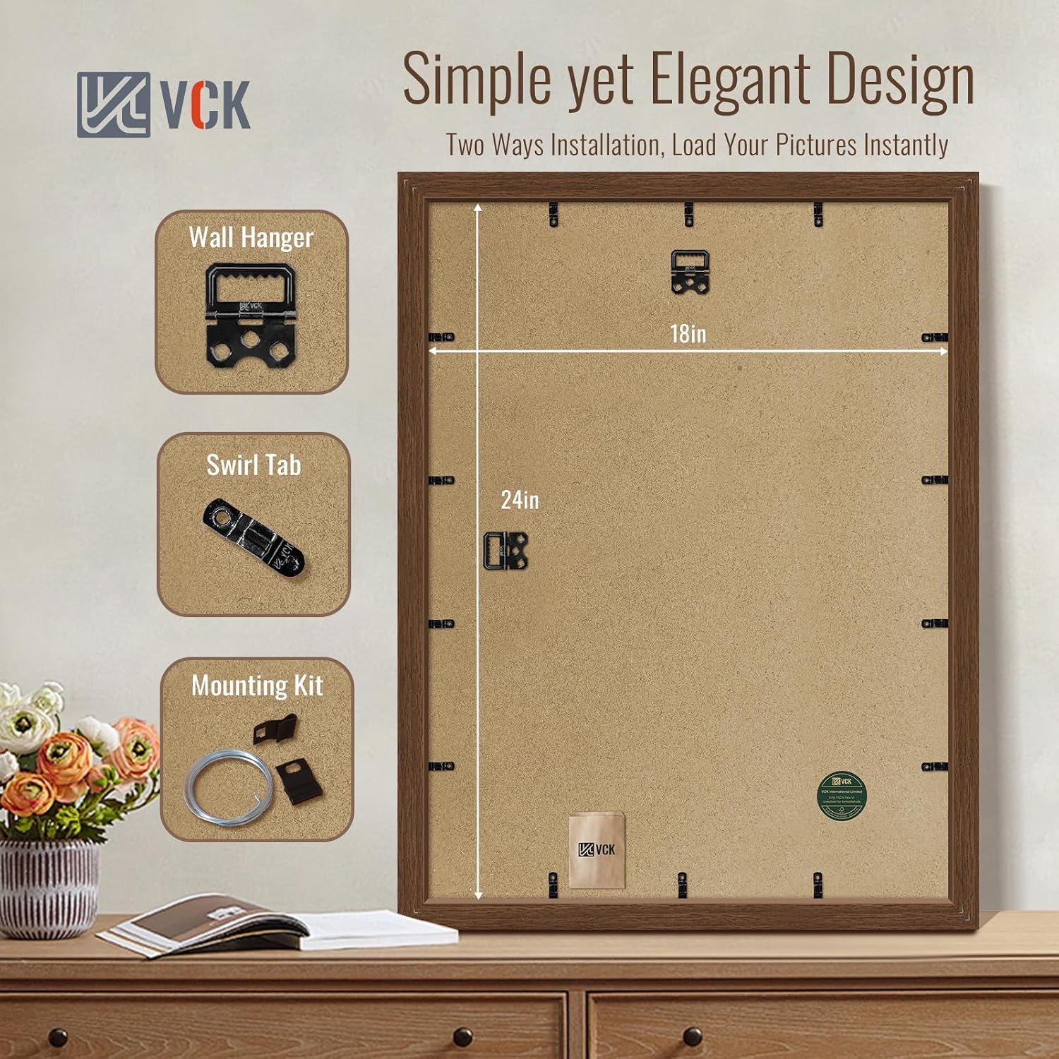 VCK 18x24 Frame Brown 4 Pack, Wide Thick Wood Border, for Prints | Exclusive Woodgrain, Wall Hanging, HD Plexiglass