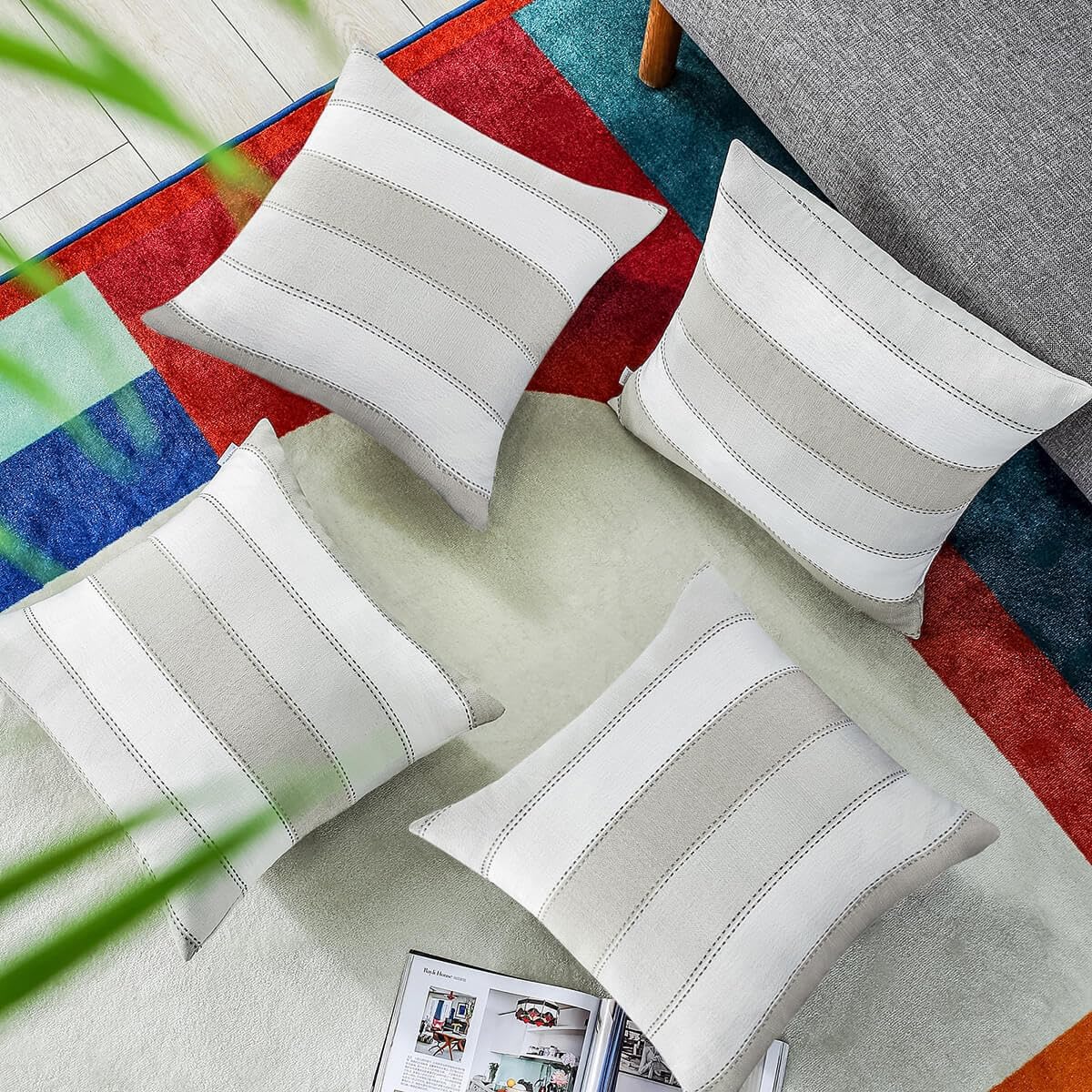 Farmhouse Stripe Check Throw Pillow Covers Set Case Cotton / 18 x 18 / Light Gray Beige / Set of 2