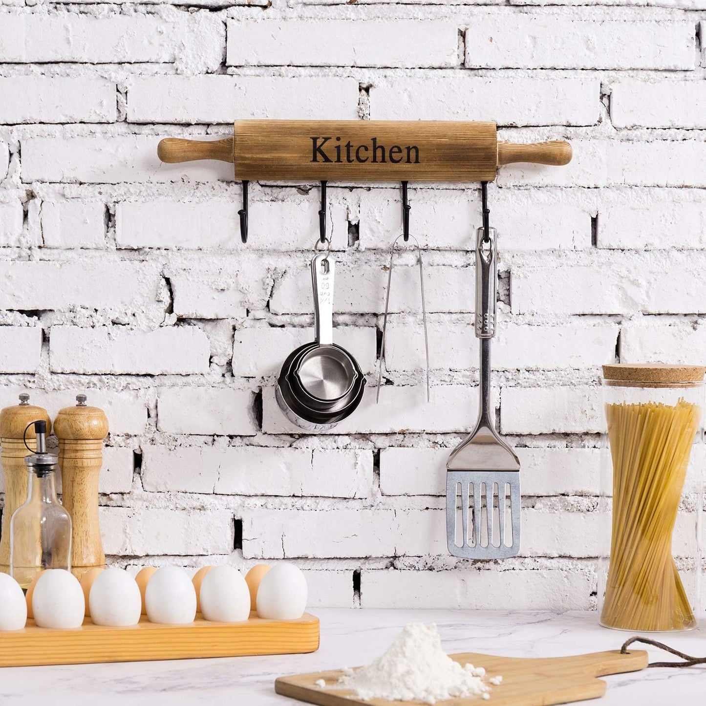 Rustic Burnt Brown Wood Kitchen Hooks for Hanging Cooking Utensils / Rustic Brown