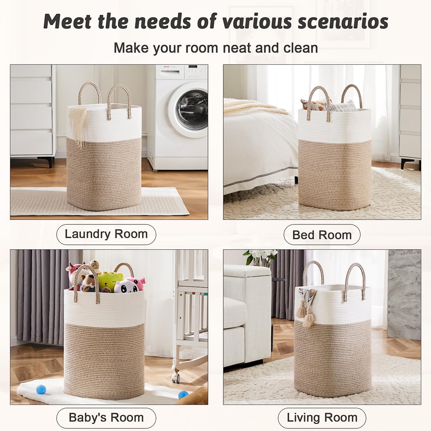 Laundry Basket / Woven Cotton Rope Laundry Hamper / 60L / Brown