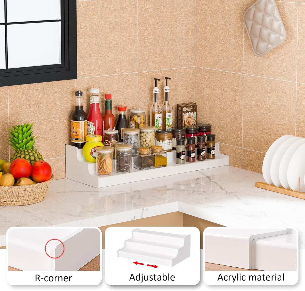 Sezanrpt Expandable Spice Rack Cabinet Organizer 3 Tier, White Kitchen Counter Display Shelf, Seasoning Organizer for