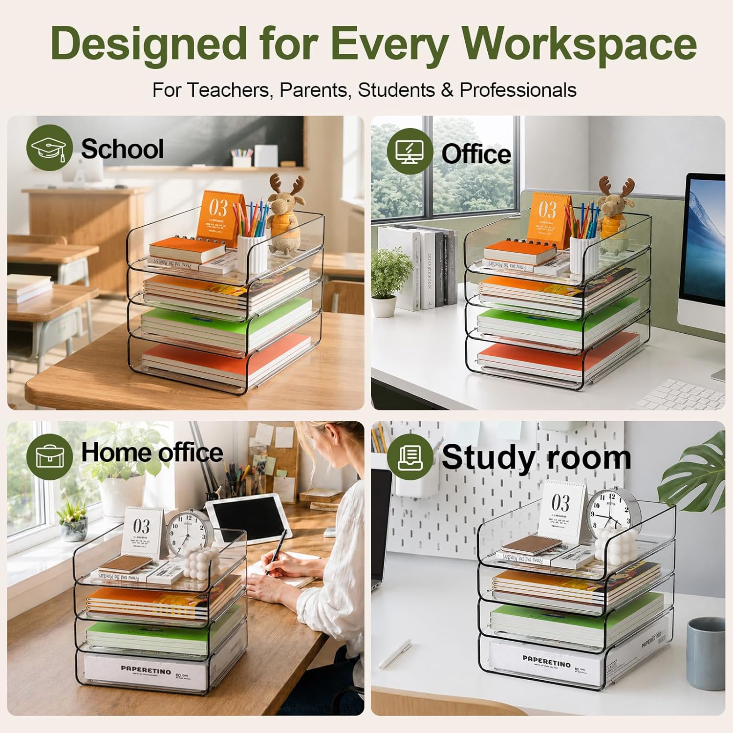 4-Tier Acrylic Paper Tray Organizer / 4-tier-vertical / 12.6 x 9.6 x 11 / Clear