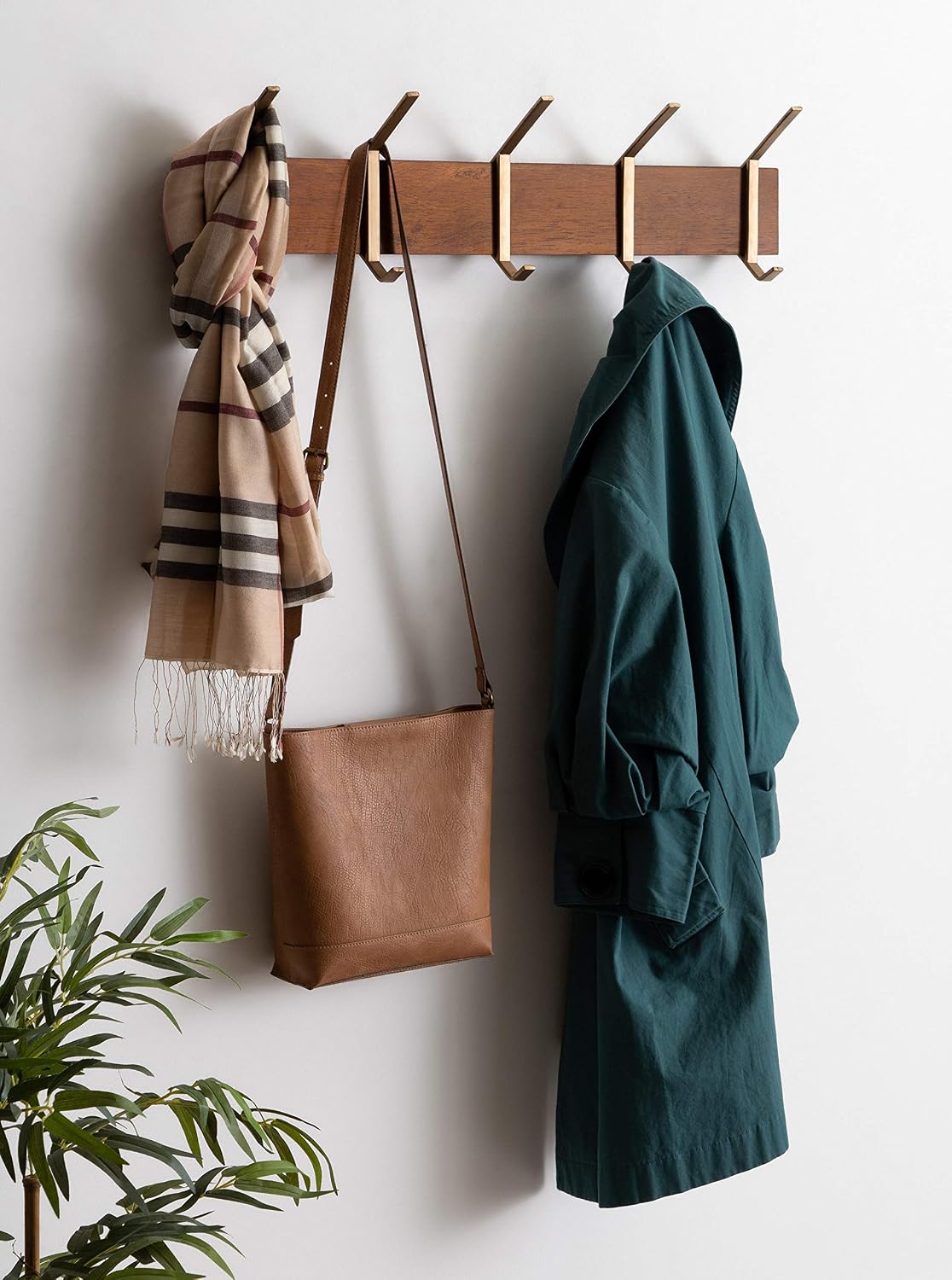 Kate and Laurel Rossmore Modern 5 Hook Shelf, Walnut and Gold, Mid-Century Coat Rack