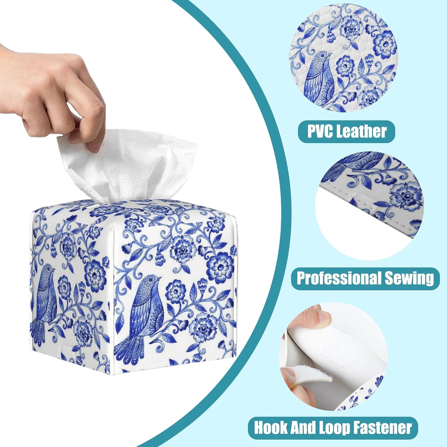 Leather Tissue Holder / Watercolor Floral / Blue