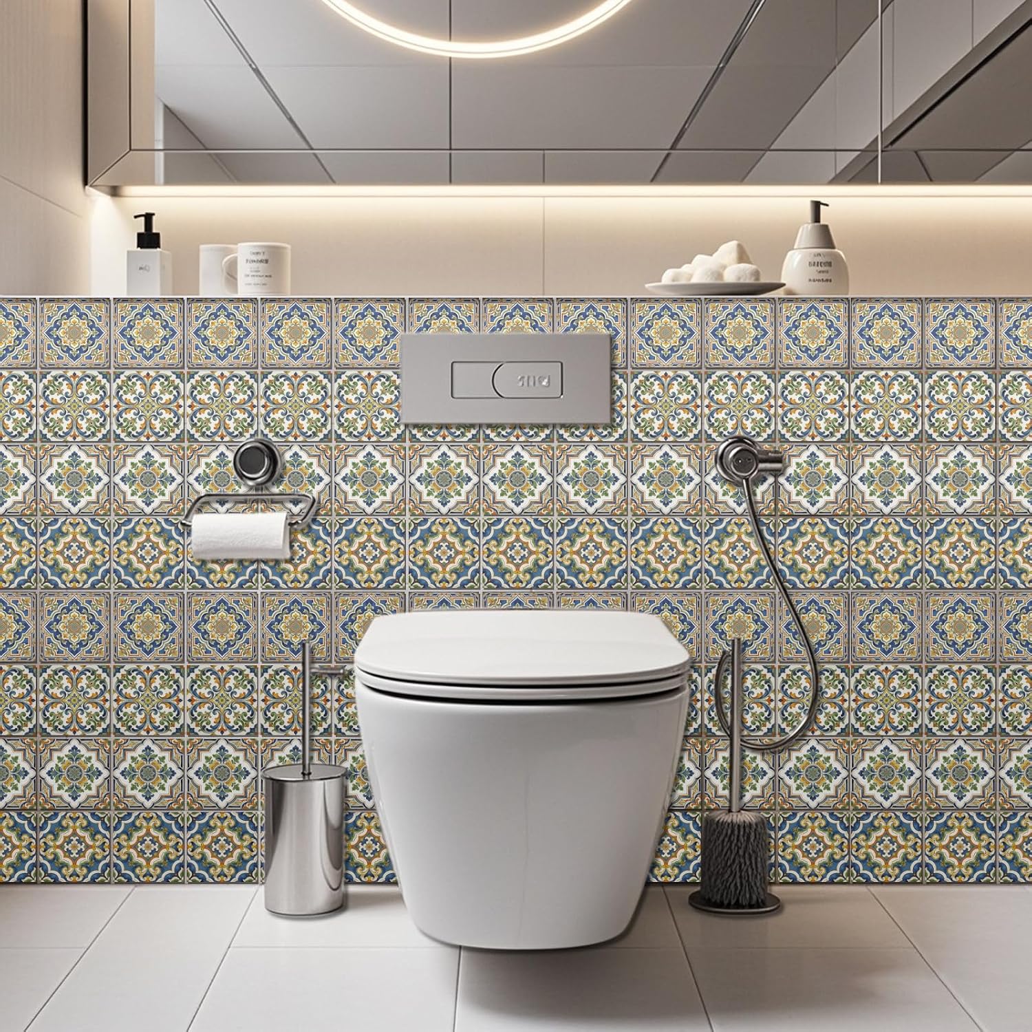 4 Style Tile Stickers Peel and Stick Retro Floral Wall Tile Stickers / Blue Floral / Set of 36