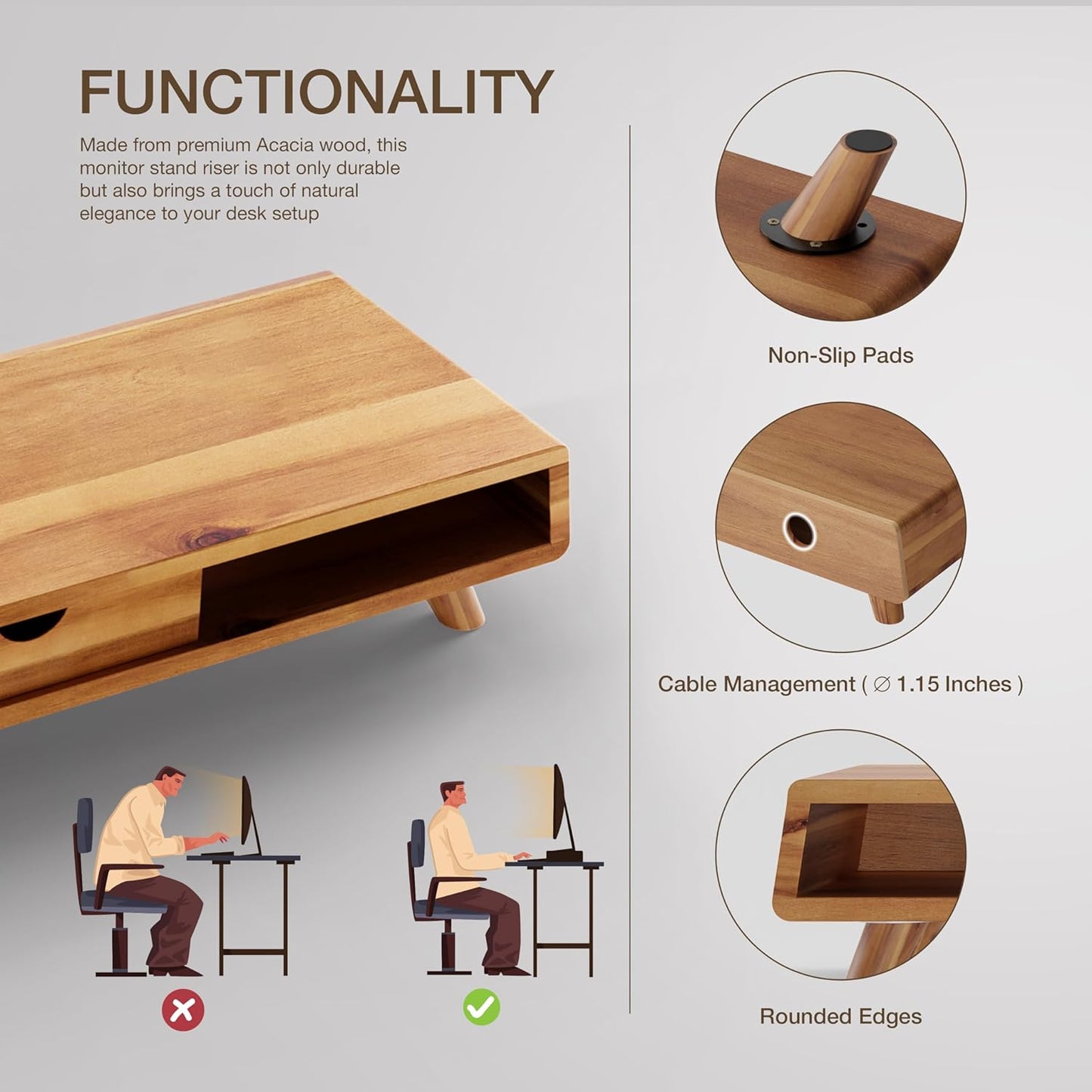 Wood Monitor Stand / Acacia / 24.4 x 8 x 5