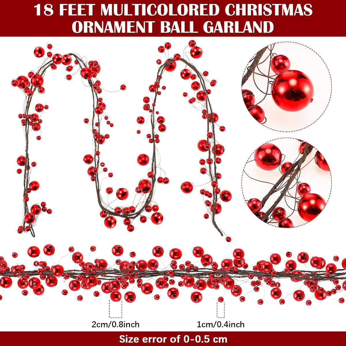 WILLBOND 18 ft Red Christmas Ball Garland Ball Ornaments Hanging Baubles Ornament for Xmas Christmas Tree Fireplace