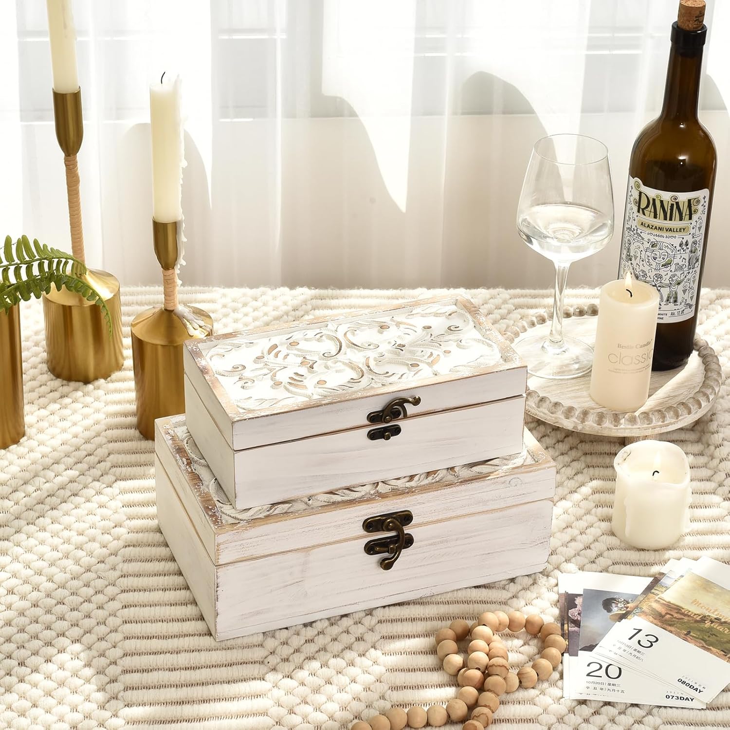 Distressed -Washed Decorative Boxes / S&M / White / Set of 2