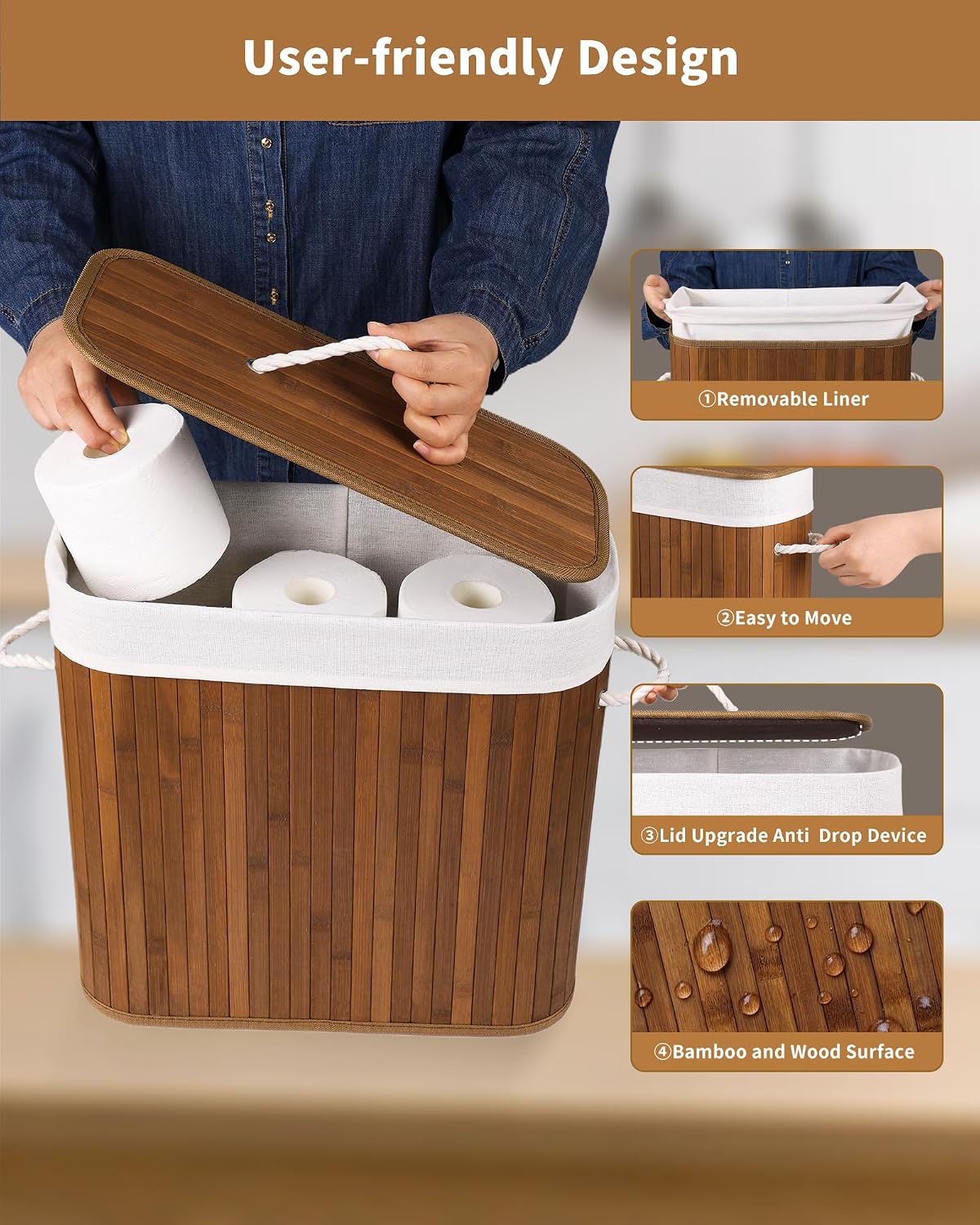 Bamboo Toilet Paper Storage with Lid & Handel, 8 Gallons (30L), Sturdy Toilet Paper Basket, Organizer for Bathroom