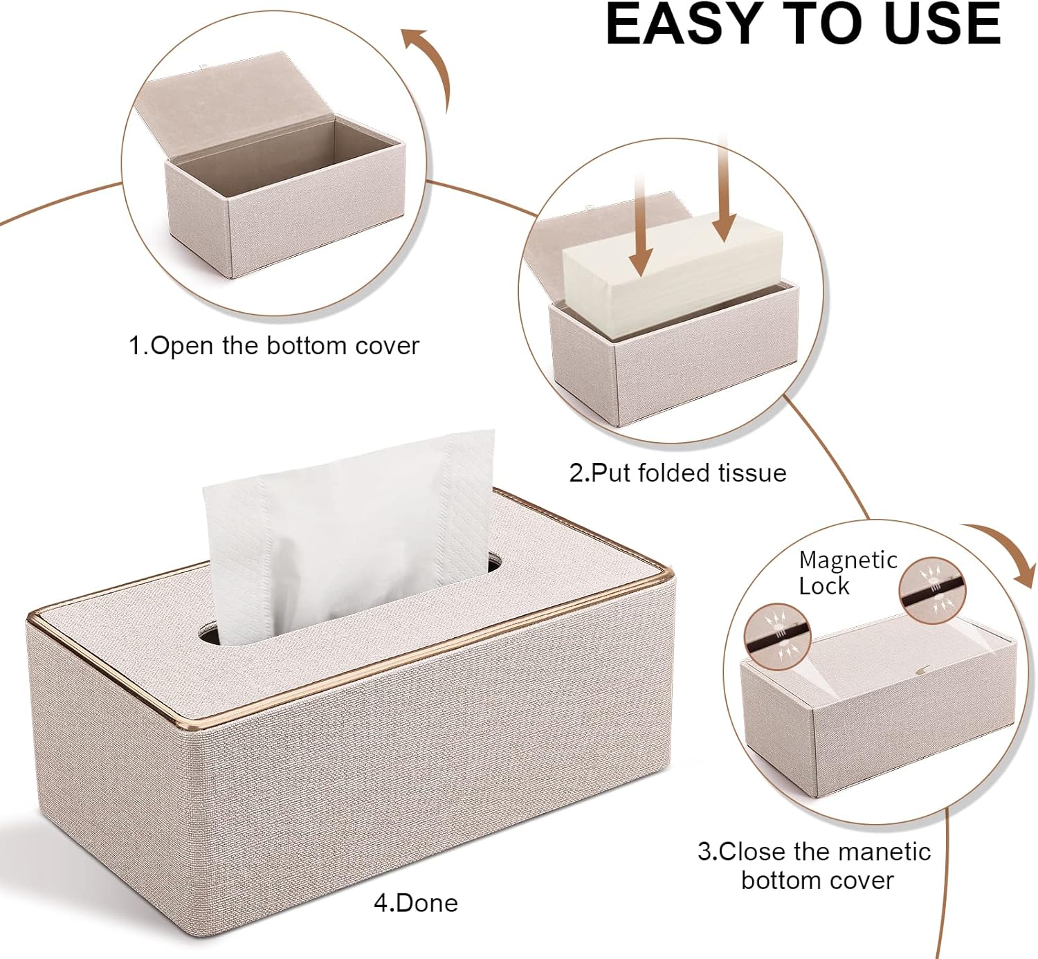 Tissue Box Cover / Beige / Gold Edge PU Leather