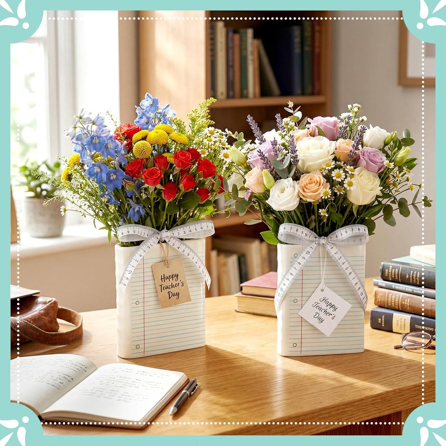 Back to School Gifts Ceramic Book Shaped Vase for Flower / Blue / Set of 2